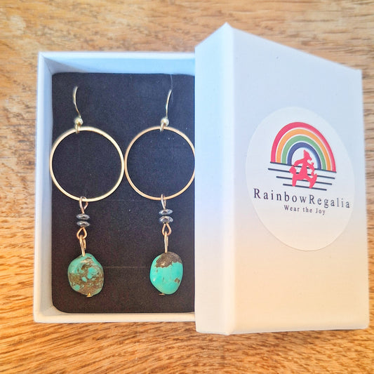 Sofia Turquoise Drop Earrings with gold accents and black discs in gift box.
