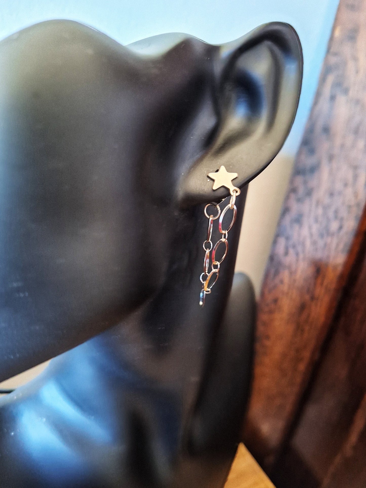 Siouxsie Chain Drop Earrings with silver star stud and repurposed stainless steel chain.