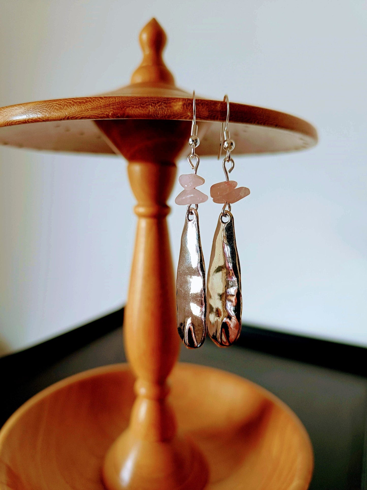 Rose Quartz Drop Earrings with antique silver pendants on sterling silver hooks.