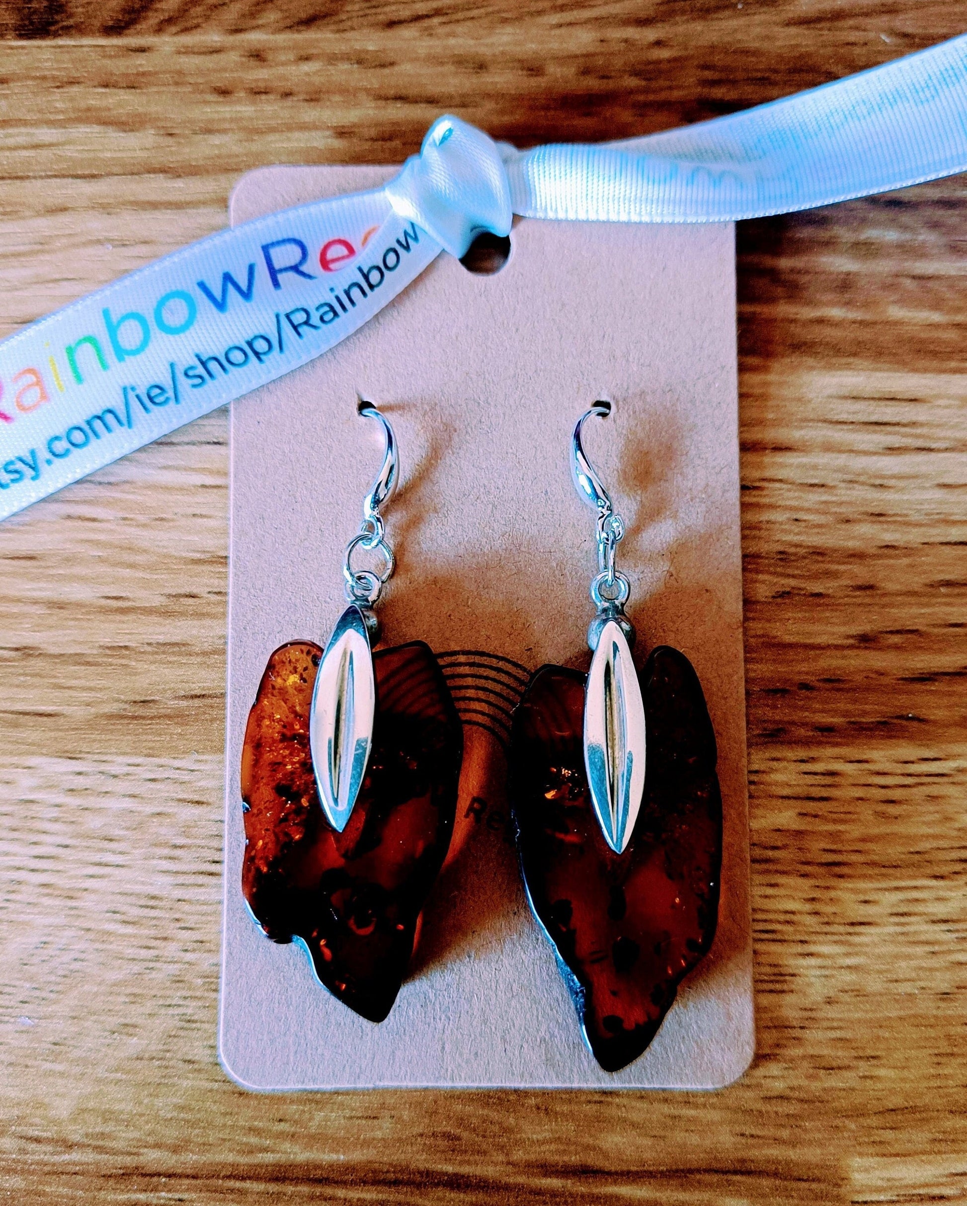 Silver Amber Earrings with genuine amber and sterling silver on hooks, 65mm length.