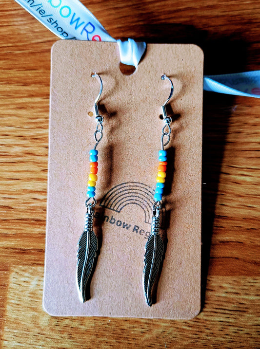 Multicolour Feather Earrings with antique silver feathers and repurposed glass seed beads on sterling silver hooks.