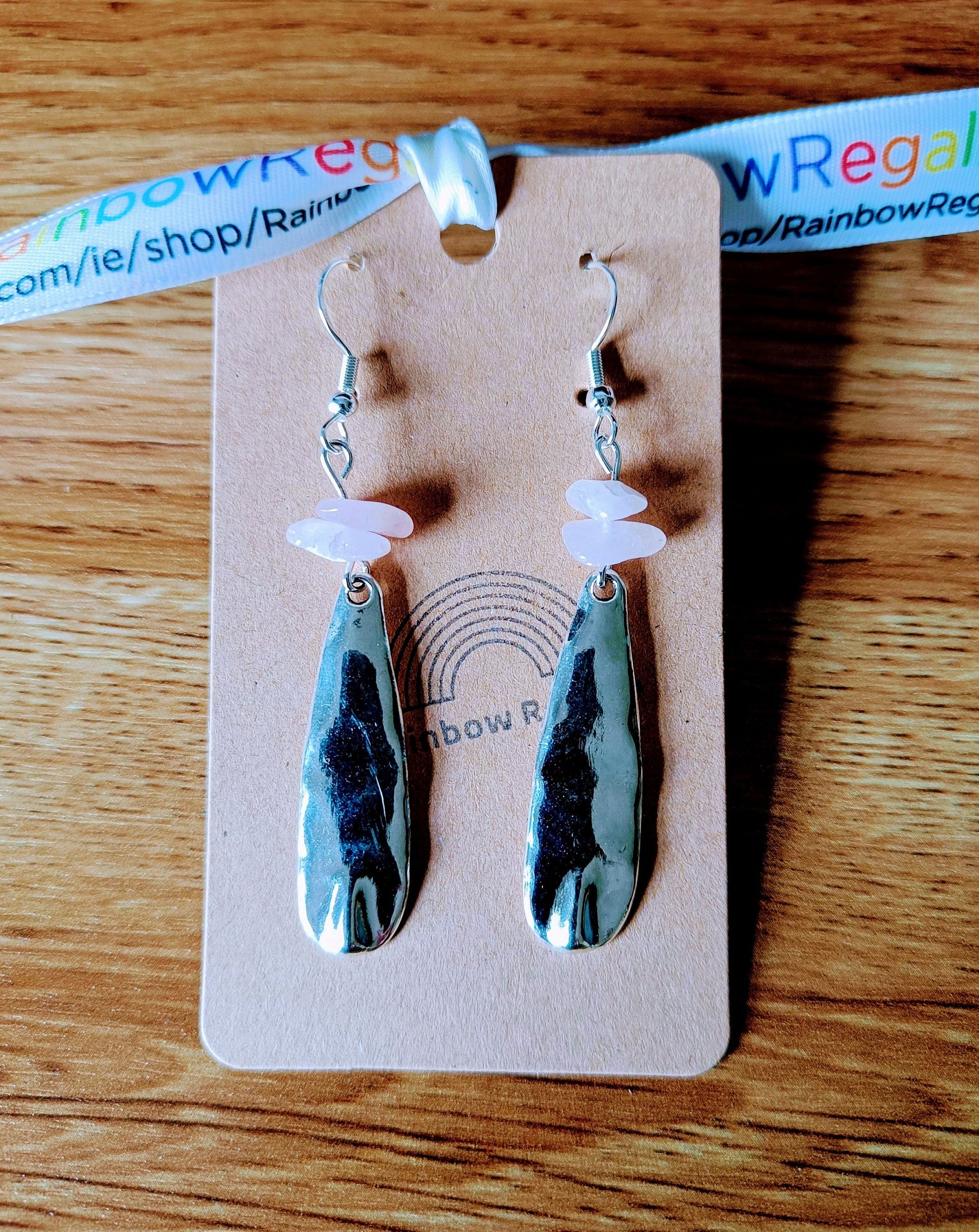 Rose Quartz Drop Earrings with antique silver pendants and sterling silver hooks.