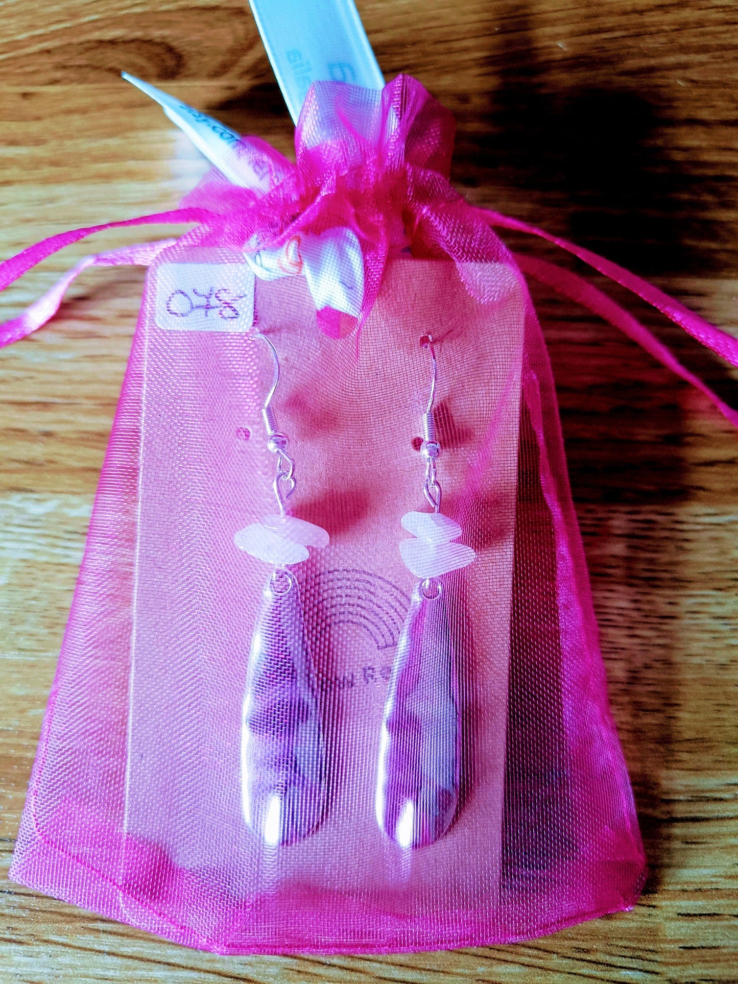Rose Quartz Drop Earrings with antique silver pendant and sterling silver hooks in a pink organza pouch.