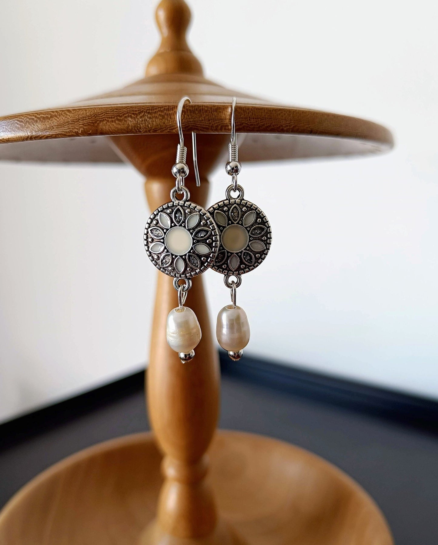 Diana Pearl Drop Earrings with freshwater pearls, silver-plated beads, and enamelled disc.