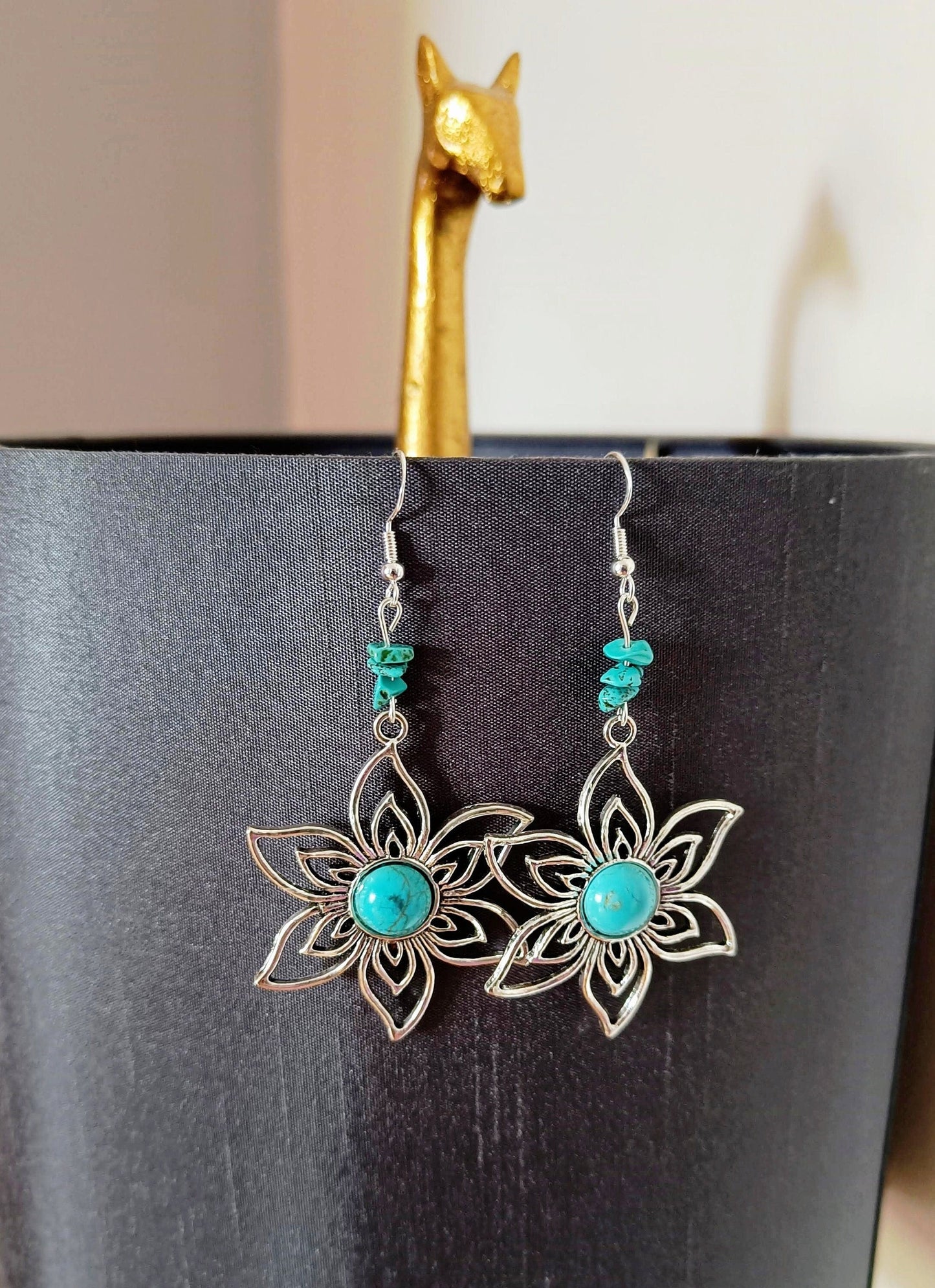 Blossom Turquoise Flower Earrings with Tibetan silver and turquoise chips.