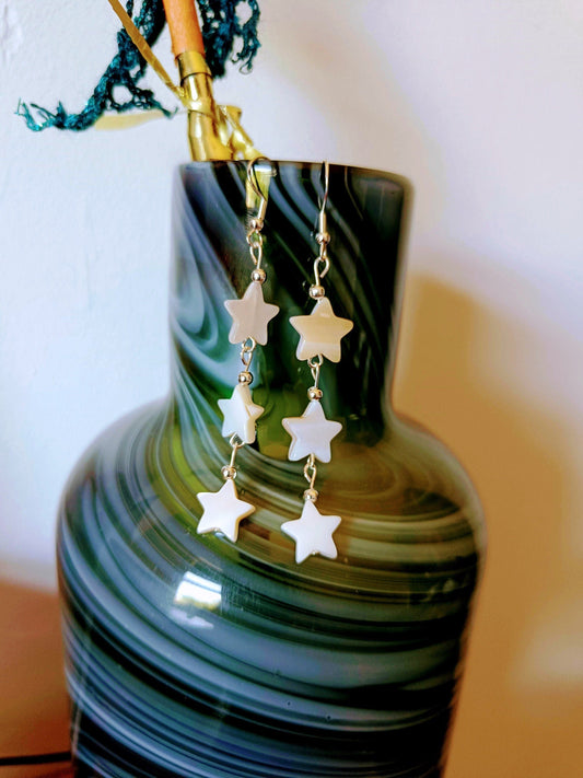 Maurea Mother of Pearl star silver earrings with dangling star-shaped beads.