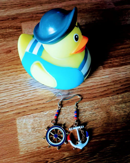Jeannie Sailor Earrings with repurposed glass seed beads and enamelled nautical charms.
