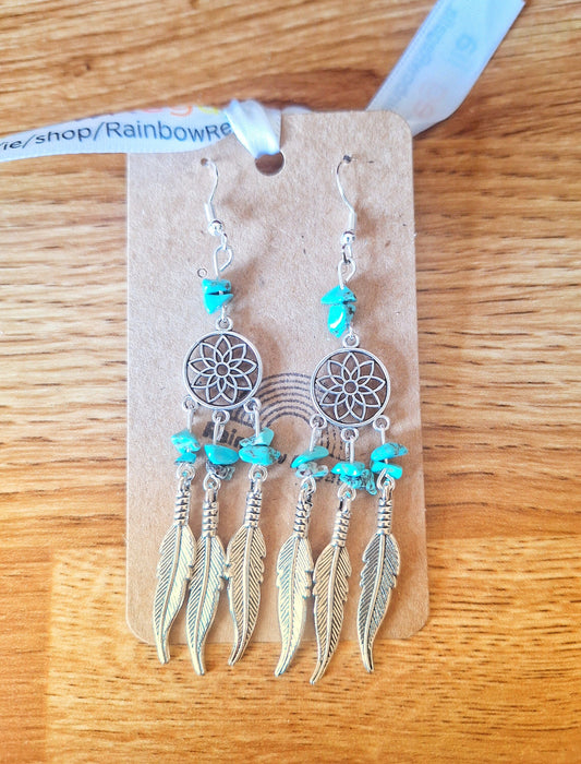 Turquoise dream catcher earrings with feather charms and turquoise chips on sterling silver ear wires.