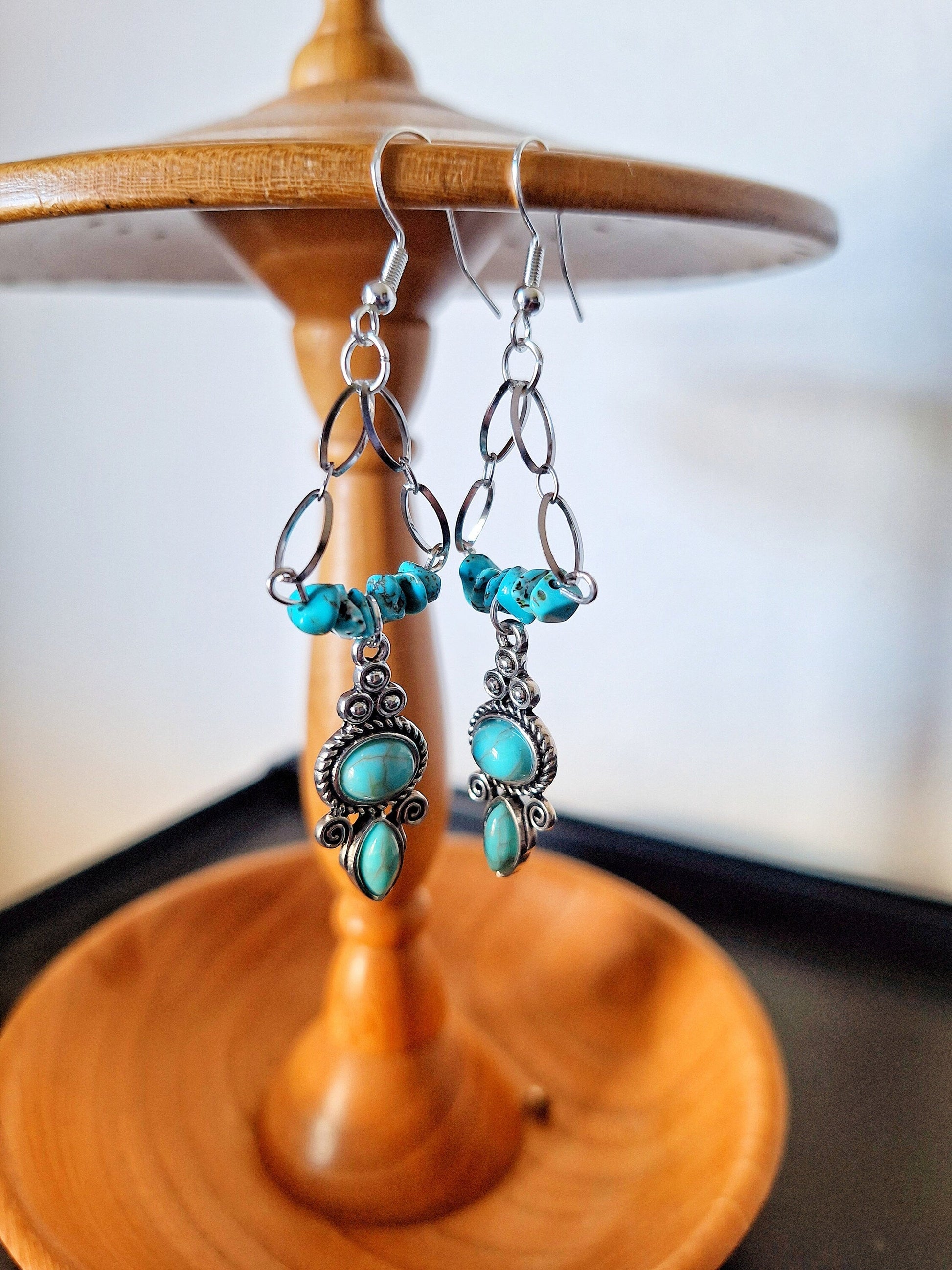Noelle Chandelier Earrings with turquoise chips and stainless steel chain.