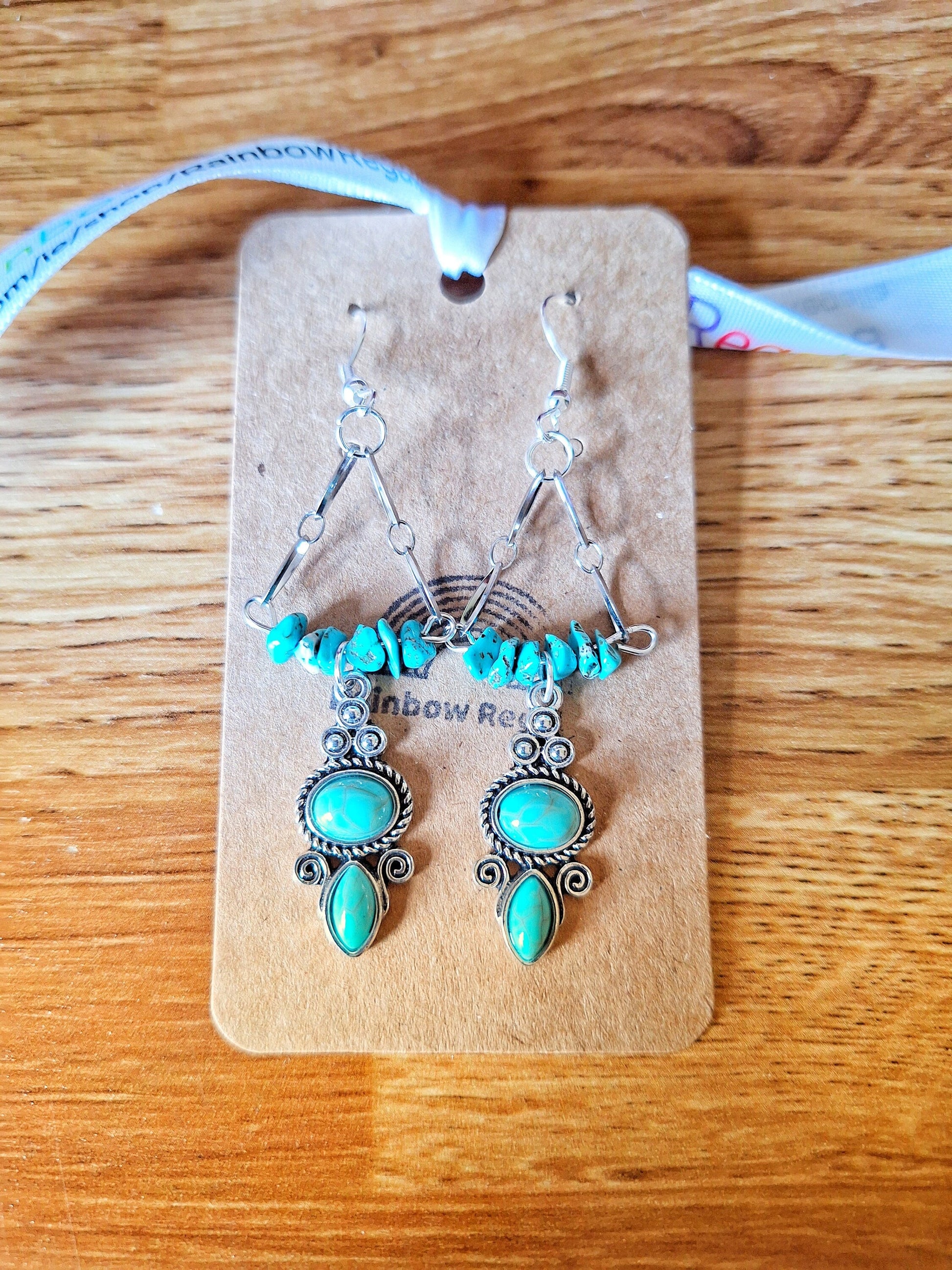 Noelle Chandelier Earrings with turquoise chips and stainless steel chain.