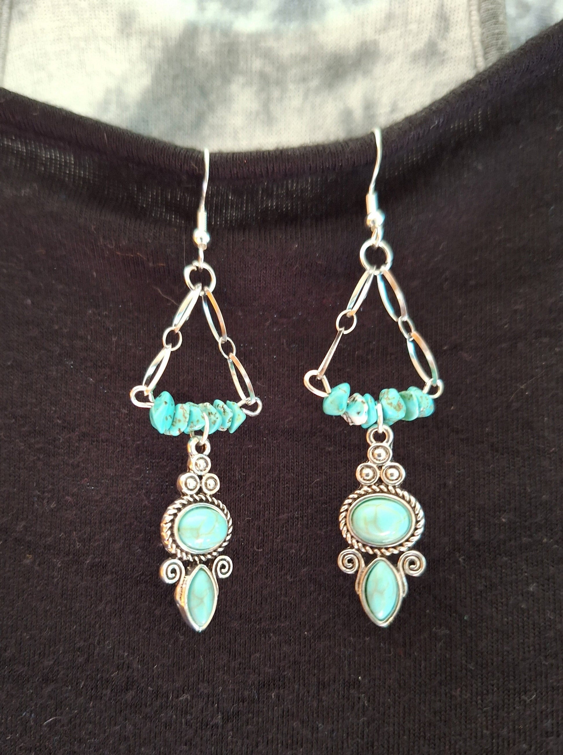 Noelle Chandelier Earrings with turquoise chips and stainless steel chain.