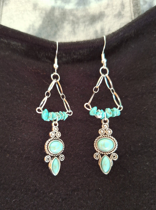 Noelle Chandelier Earrings with turquoise chips and stainless steel chain.