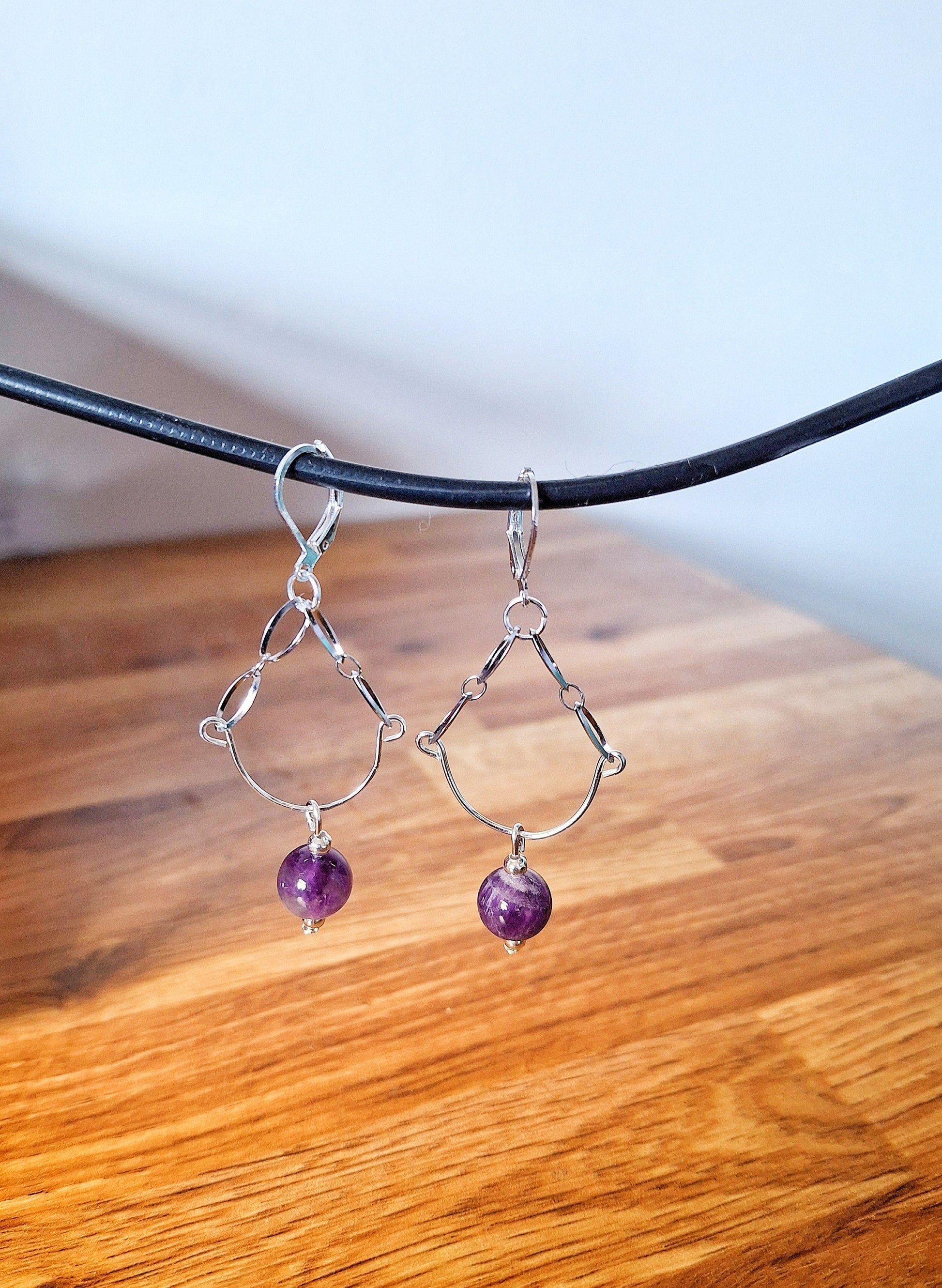 Heather Chandelier Earrings featuring genuine amethyst stone beads on silver chains.