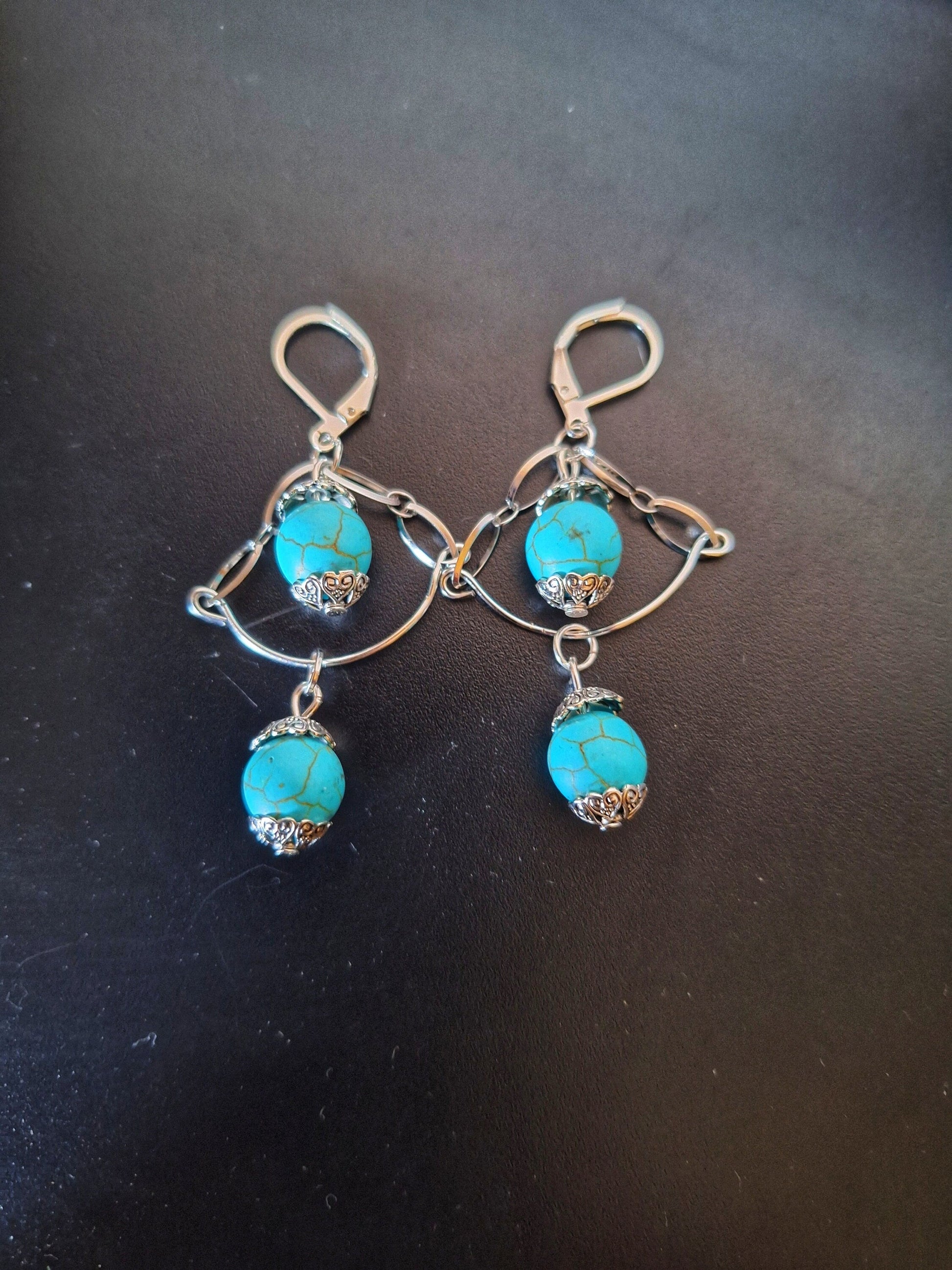 Azula Chandelier Earrings with turquoise stone beads and sterling silver chain.