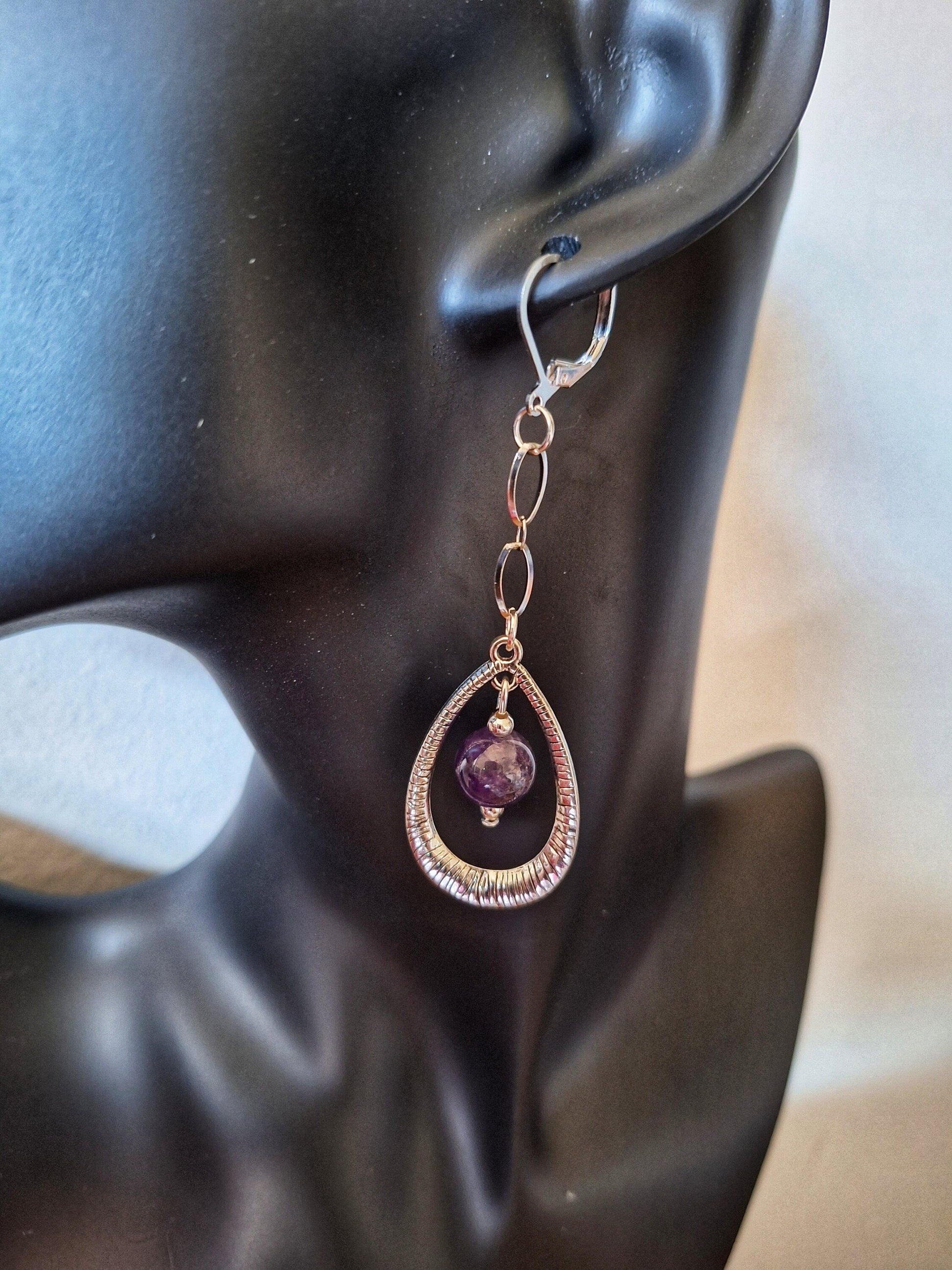 Iolanthe Drop Earrings with teardrop pendant and amethyst stone beads on stainless steel chain.