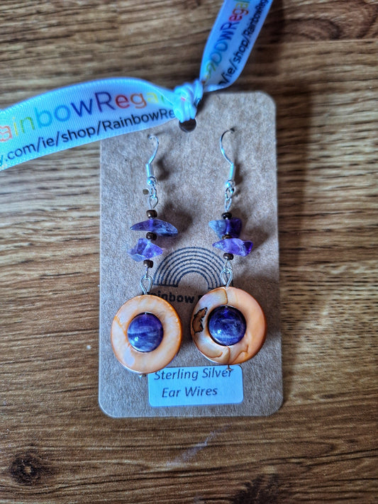Jasmine Drop Earrings with amethyst chips, shell beads, and sterling silver wires.