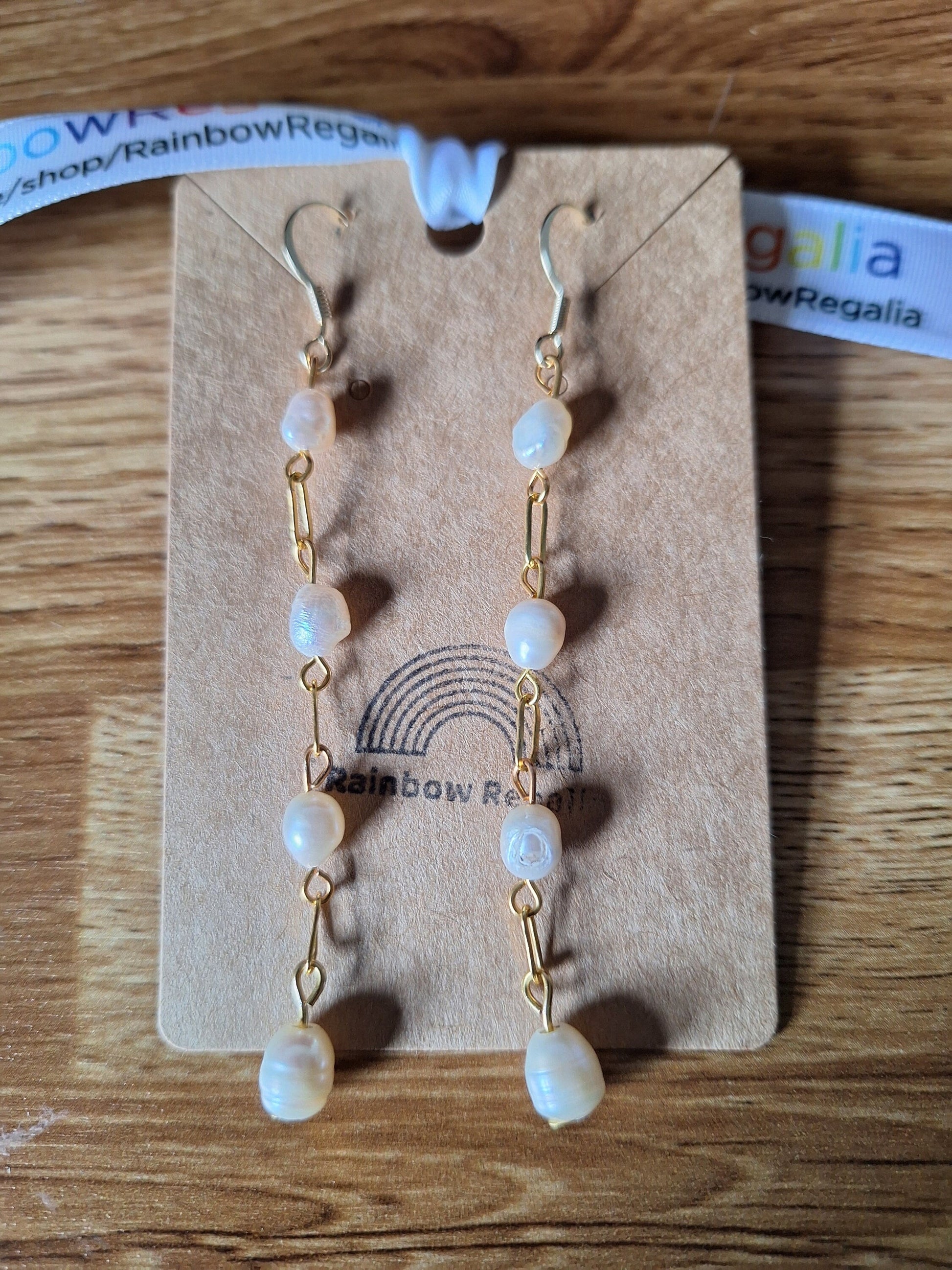 Vivienne Pearl Drop Earrings on gold-plated chain featuring repurposed freshwater pearls.