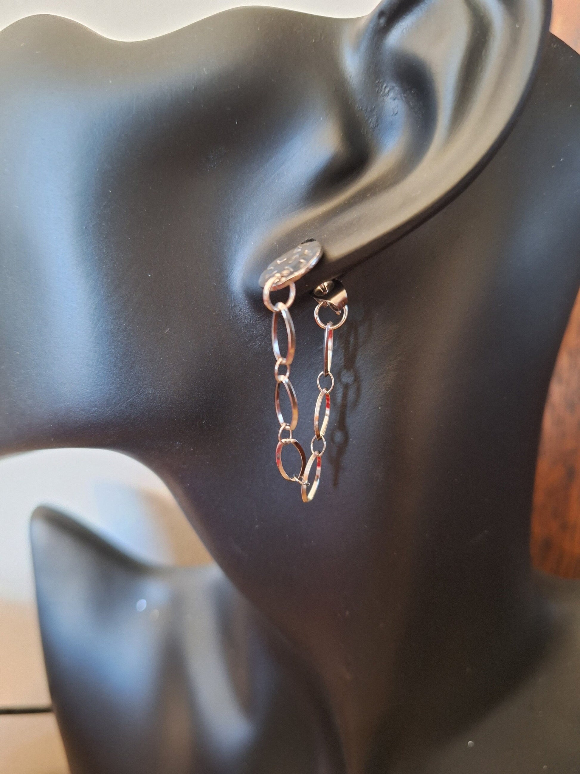 Siouxsie Chain Drop Earrings with stainless steel chain on mannequin.