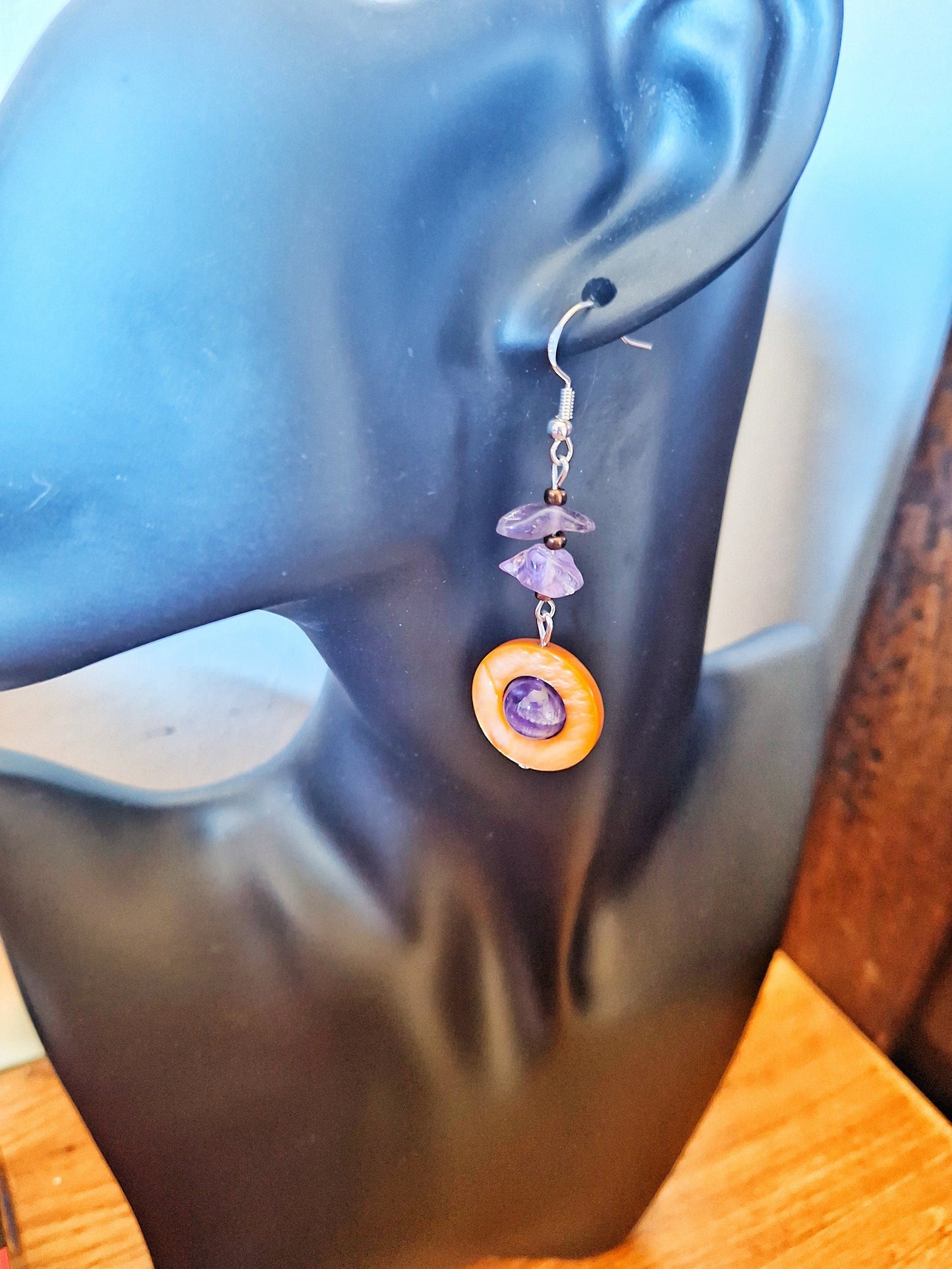 Jasmine Drop Earrings with amethyst chips and sterling silver.