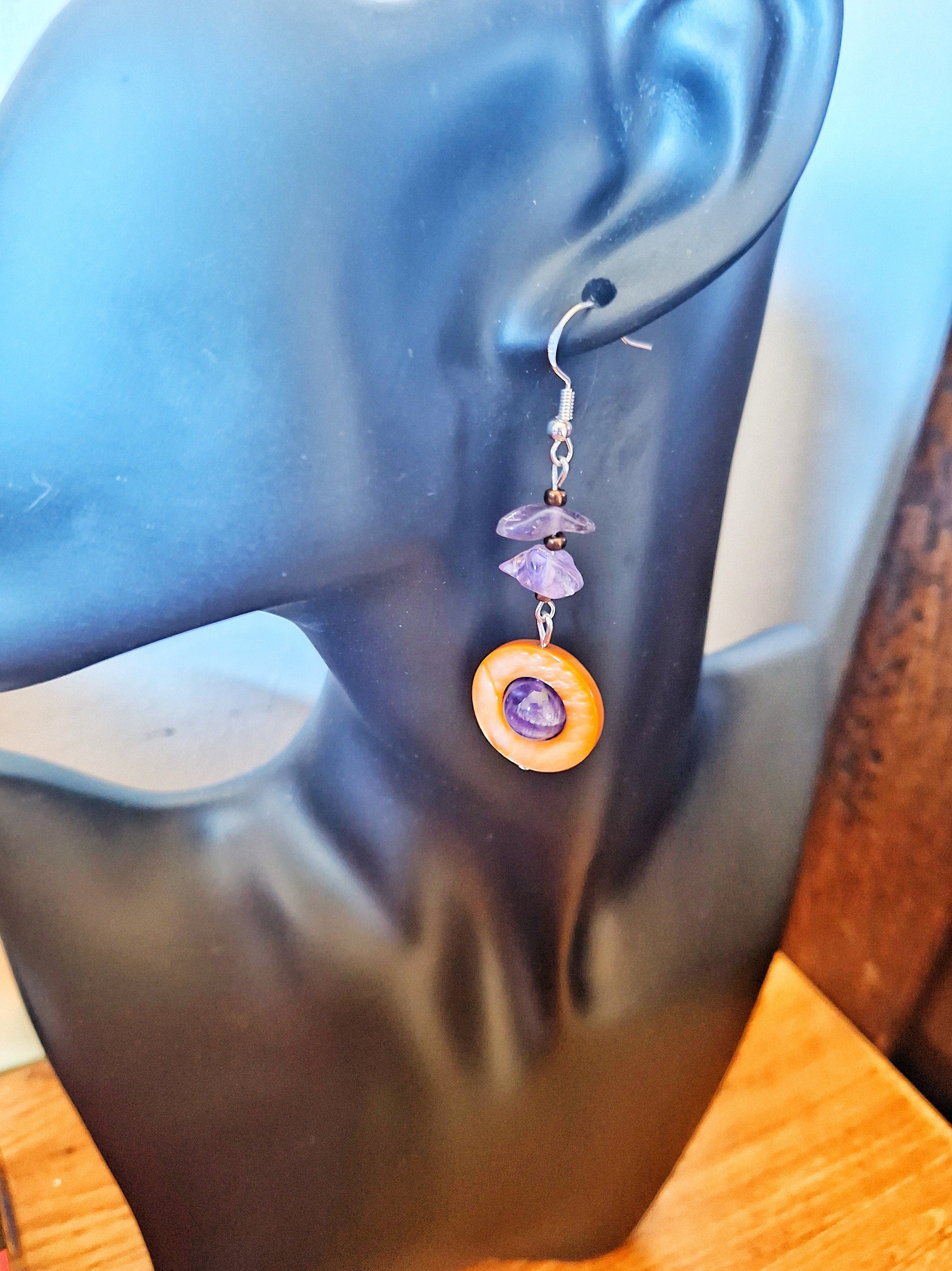 Jasmine Drop Earrings with amethyst chips and sterling silver.