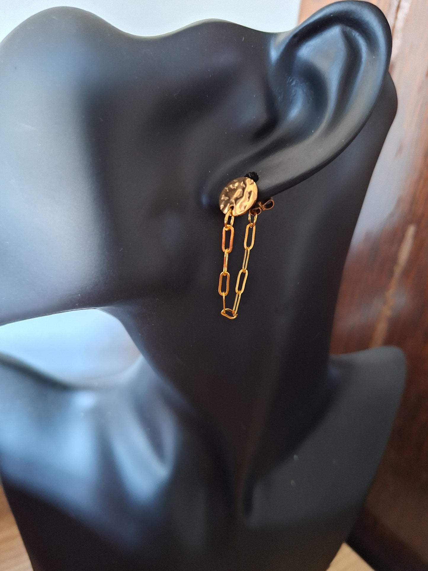 Eco-friendly Siouxsie Chain Drop Earrings with repurposed stainless steel and gold studs.