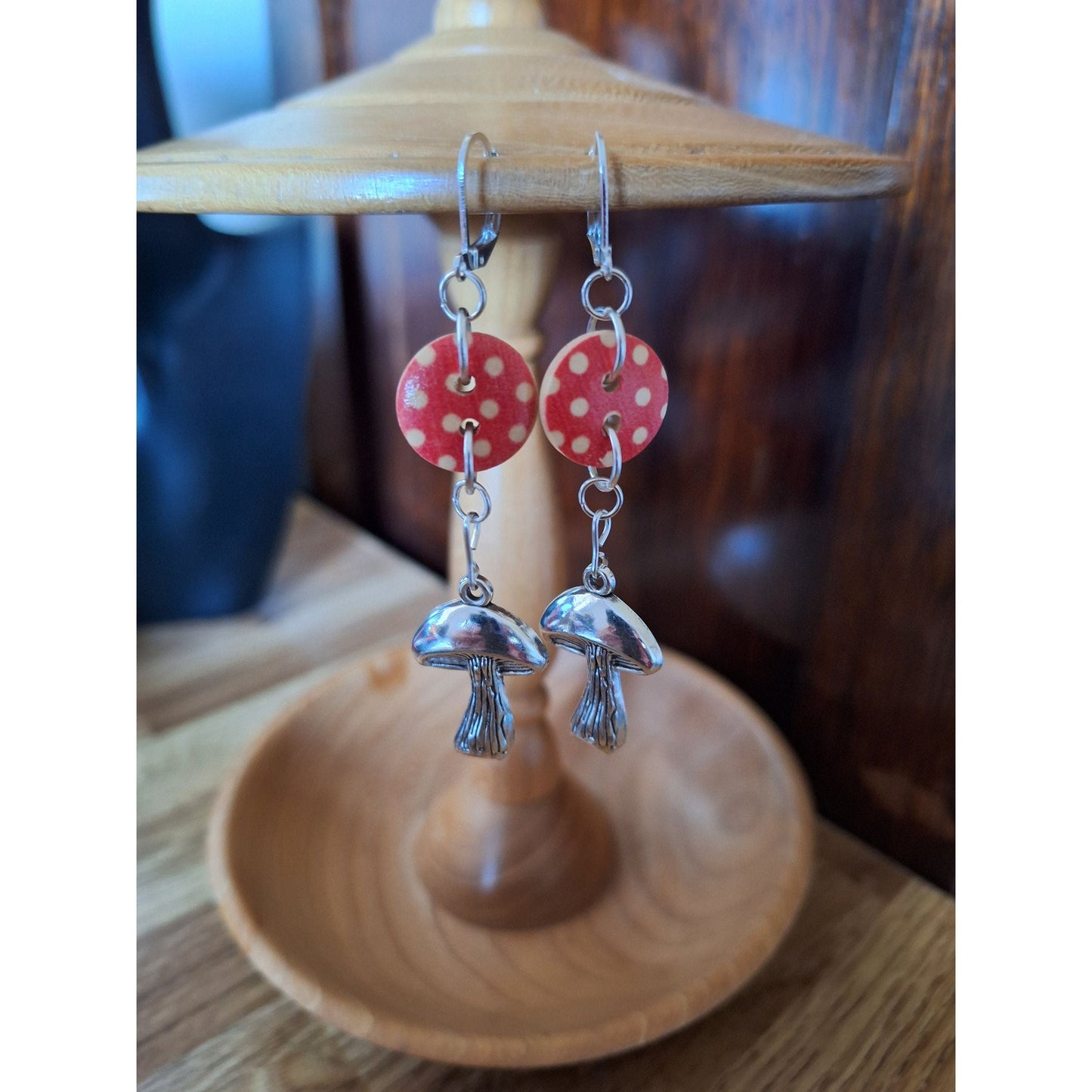 Auri Mushroom Earrings featuring repurposed wooden buttons and silver-plated findings.