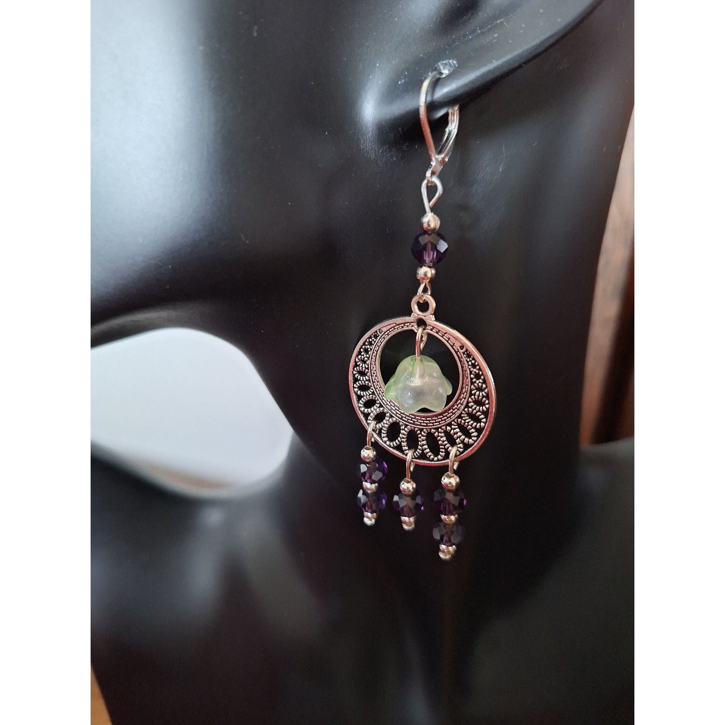 Lila Green and Purple Mismatched Earrings made with faceted glass beads on sterling silver ear wires.