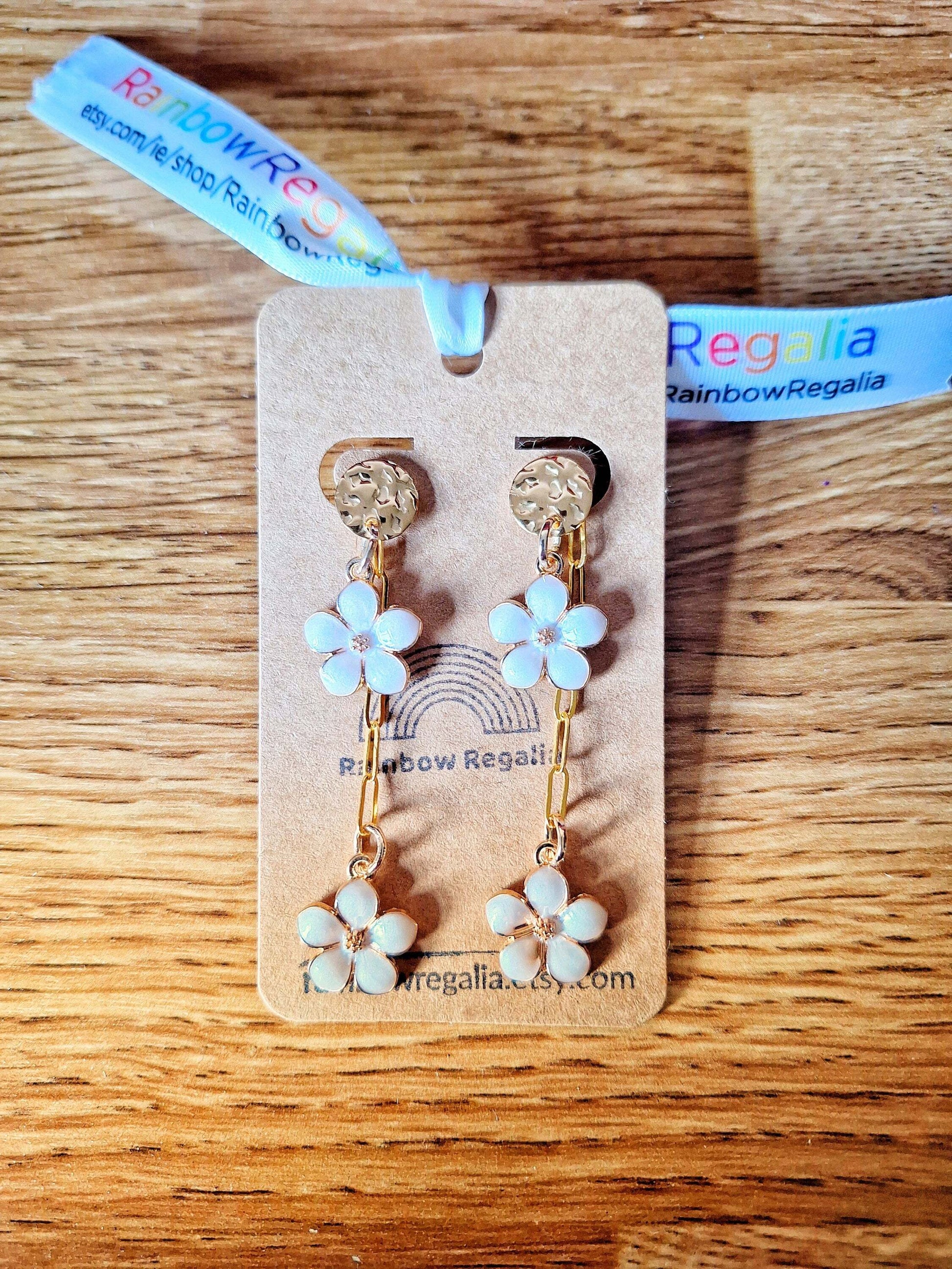 Kasumi Cherry Blossom Earrings with enamelled charms and gold-plated chain.