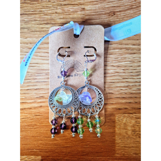 Lila Green and Purple Mismatched Earrings with Sterling Silver Ear Wires and Repurposed Faceted Glass Beads.