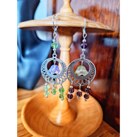 Lila Green and Purple Mismatched Earrings with repurposed faceted glass beads and sterling silver lever-back wires.