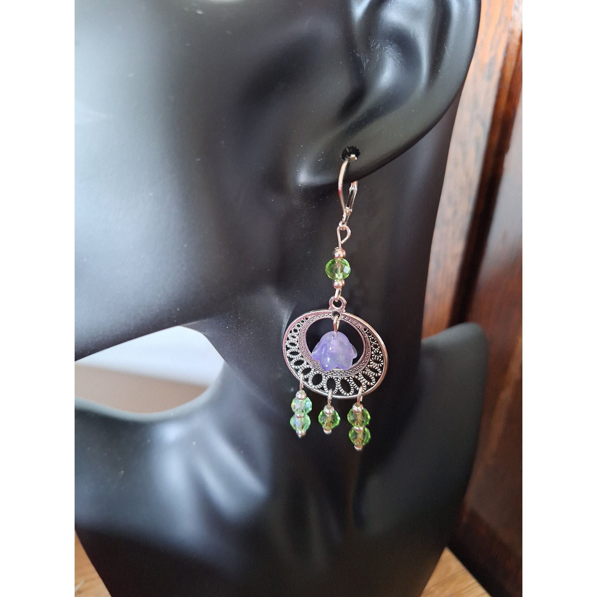 Lila Green and Purple Mismatched Earrings made from repurposed faceted glass beads.