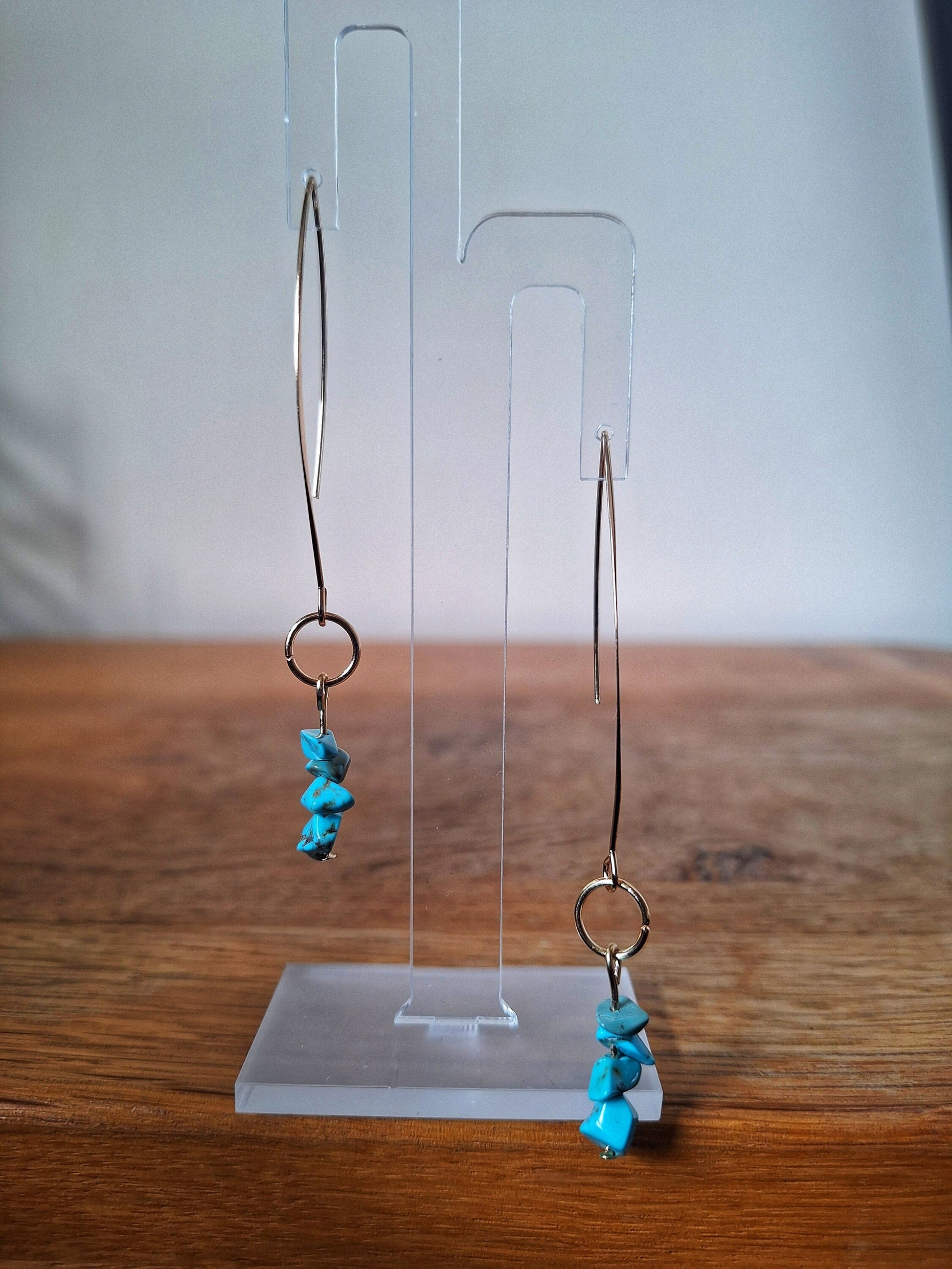 Camille Turquoise Drop Earrings with genuine turquoise chips on gold French hooks.