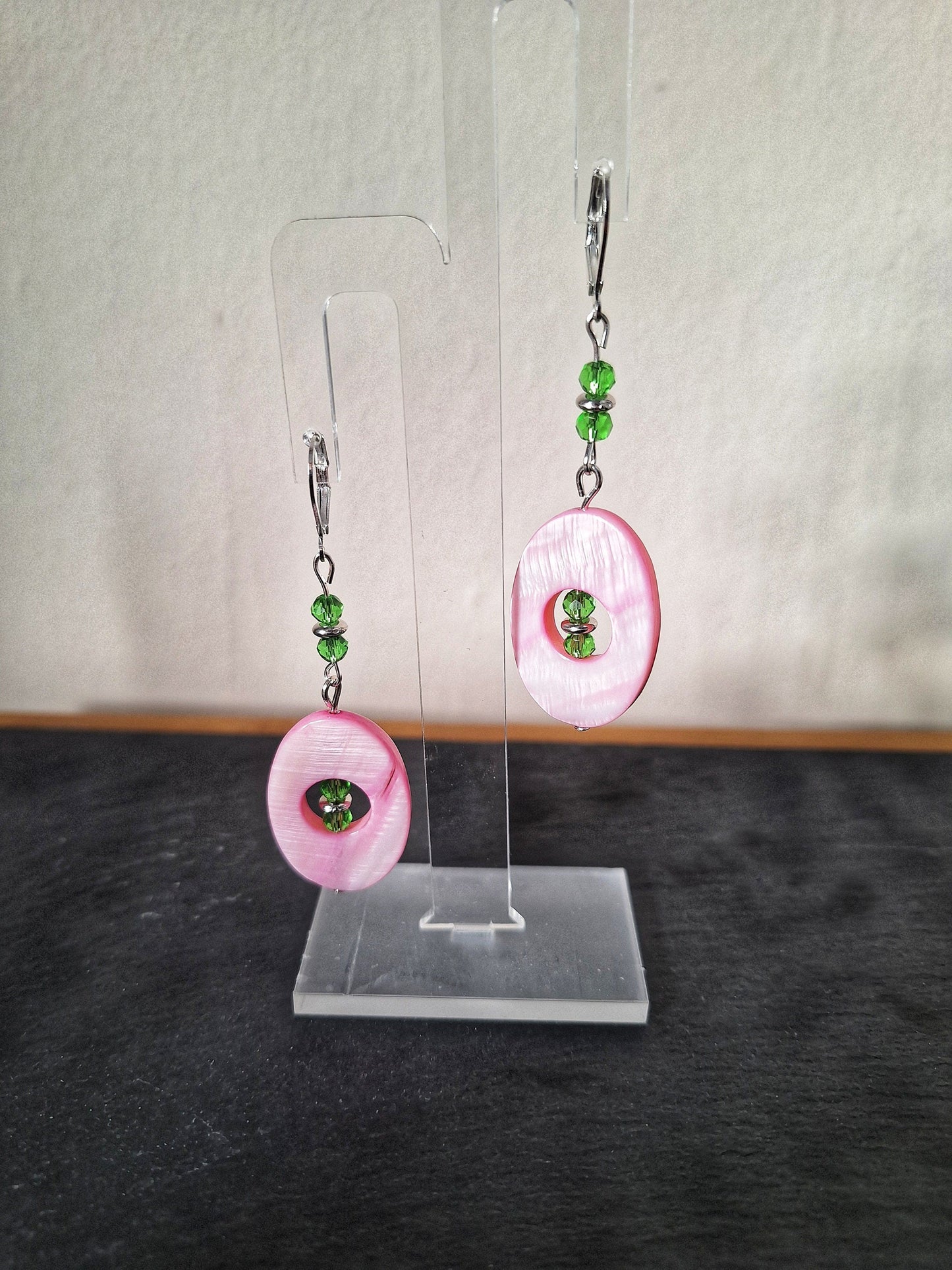 Camelia Pink and Green Earrings with mother of pearl shells and green glass beads.