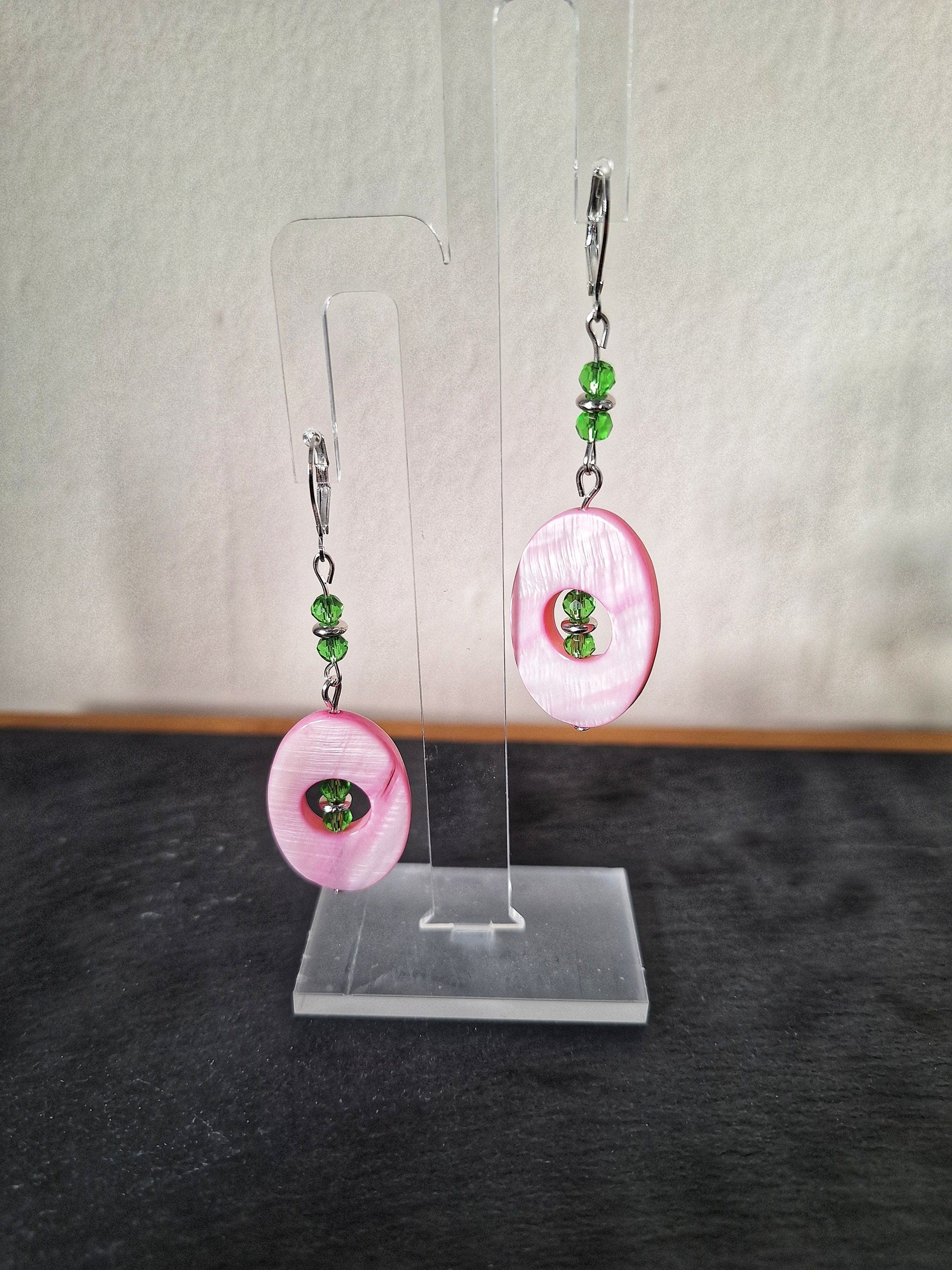 Camelia Pink and Green Earrings with mother of pearl shells and green glass beads.