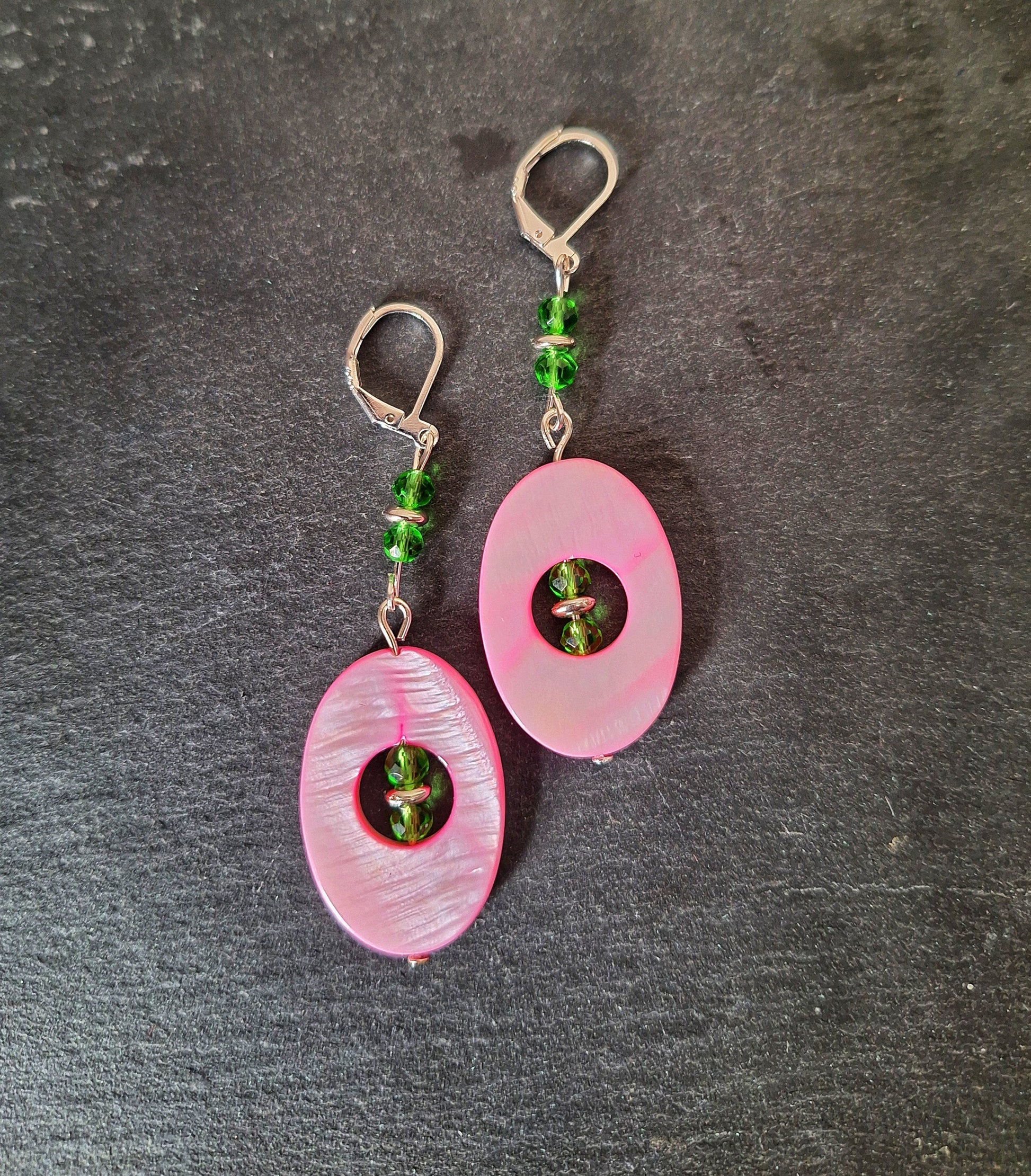 Camelia Pink and Green Earrings with mother of pearl shells and green glass beads.