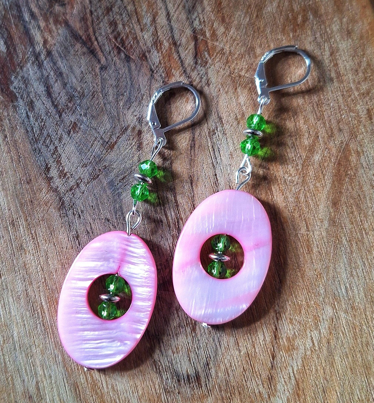 Camelia Pink and Green Earrings with pink mother of pearl and green glass beads.