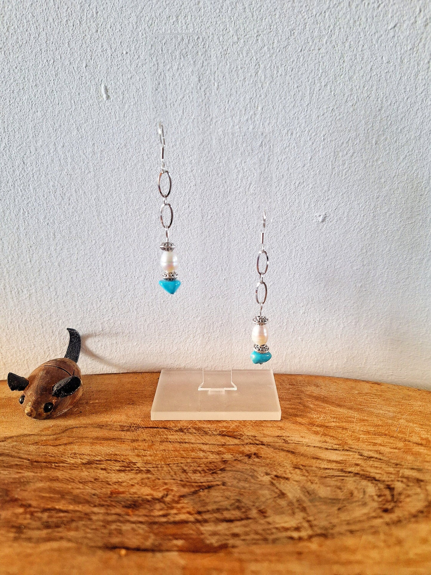 Arabella Turquoise and Pearl Earrings with sterling silver ear wires, handmade for sustainable elegance.