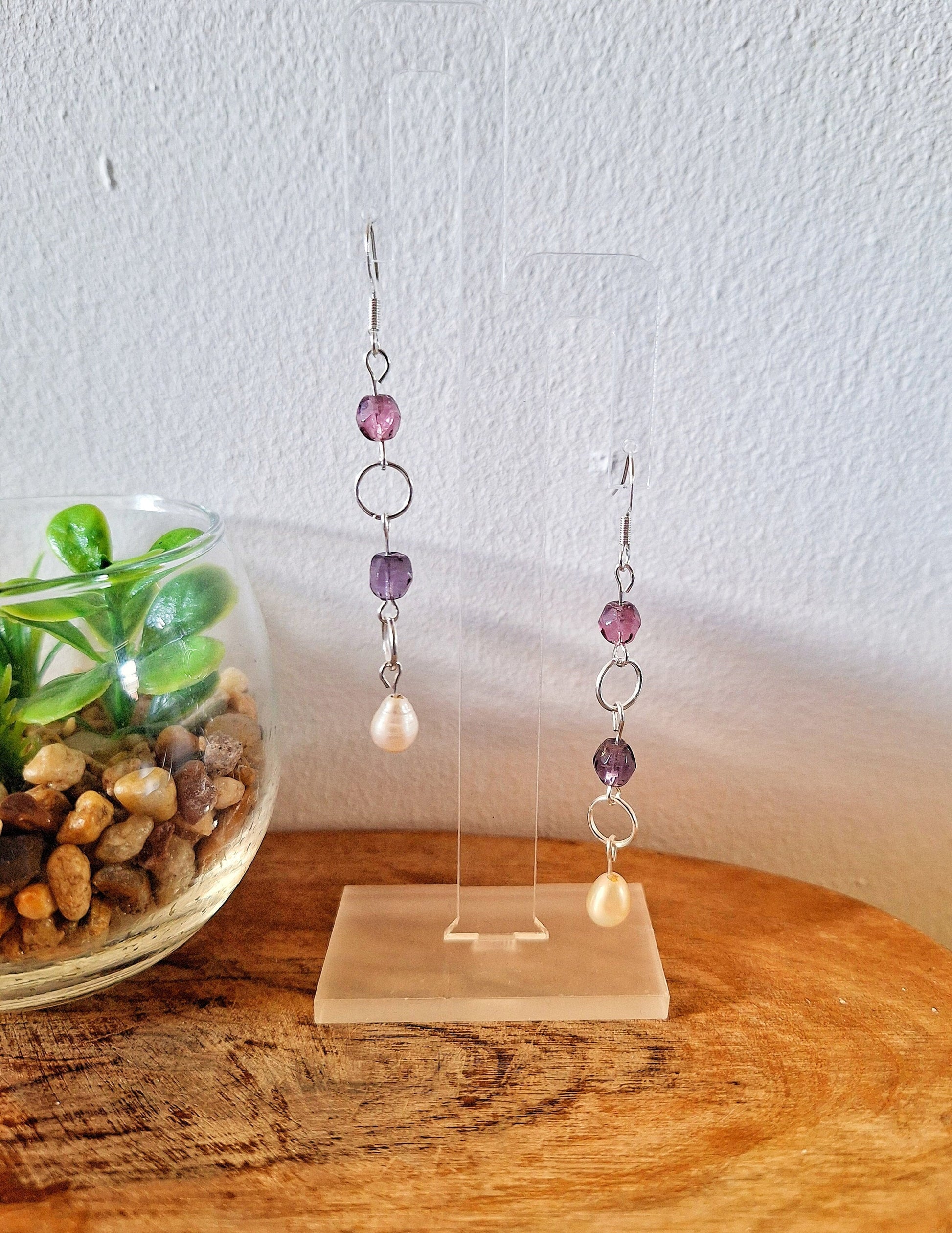Olivia Pearl and Vintage Bead Earrings with freshwater pearls and purple glass beads on sterling silver wires.
