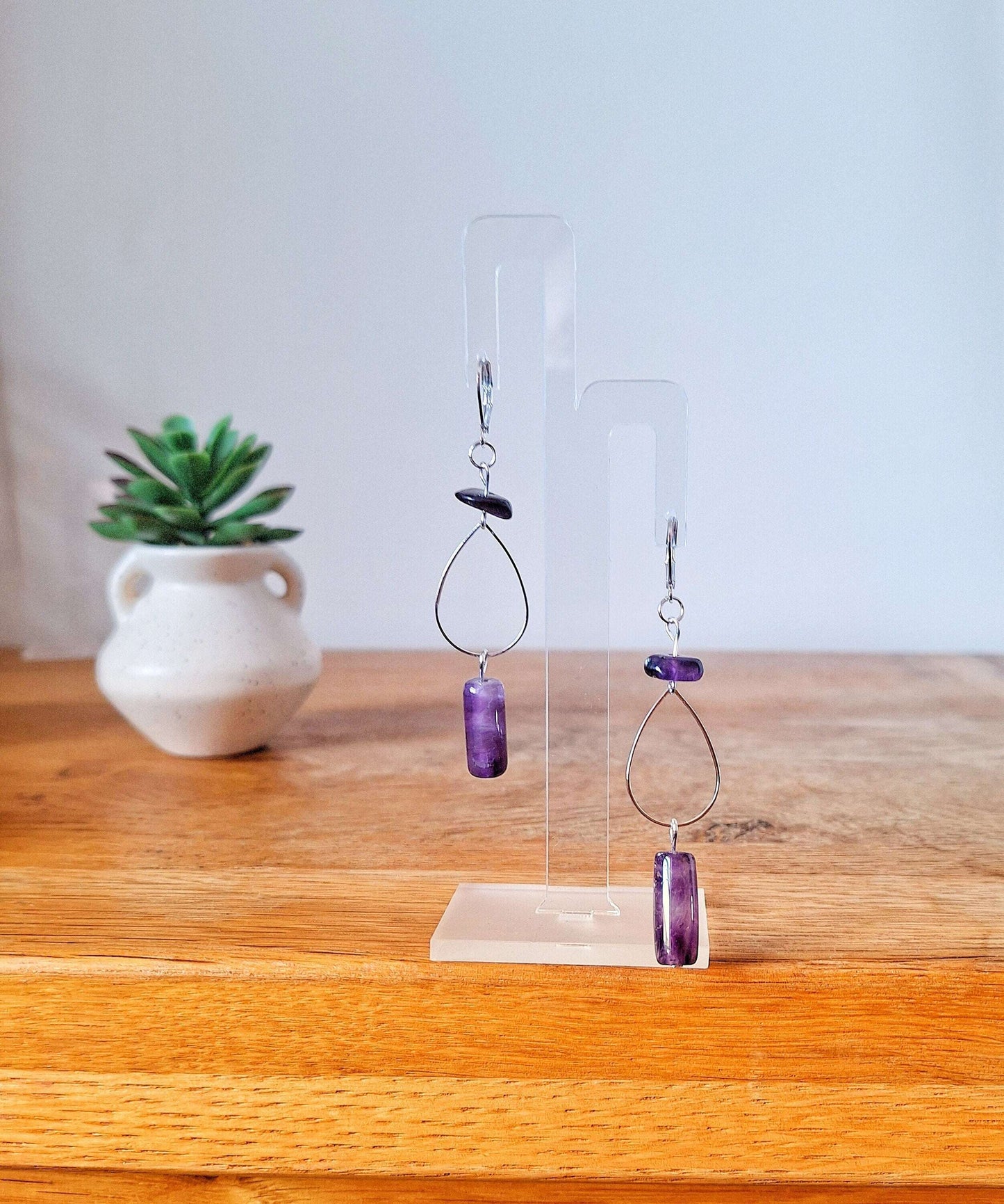 Iris Amethyst Drop Earrings with sterling silver, handcrafted from genuine amethyst stones.