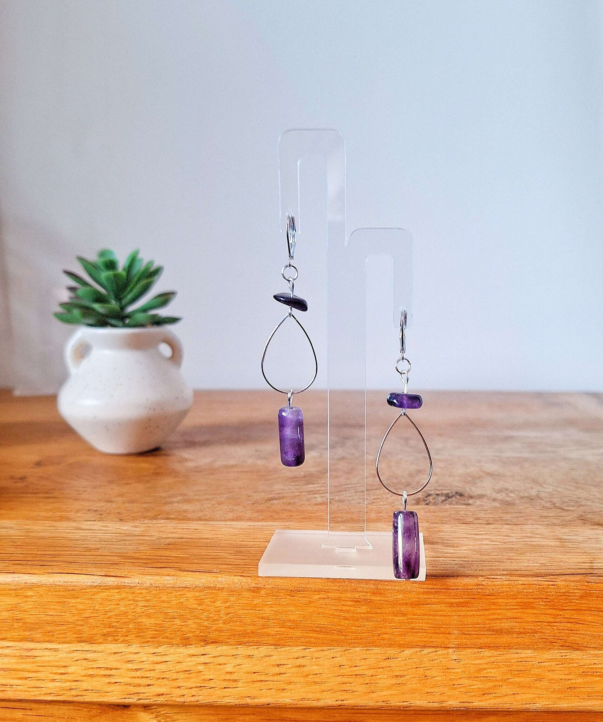 Iris Amethyst Drop Earrings with sterling silver, handcrafted from genuine amethyst stones.