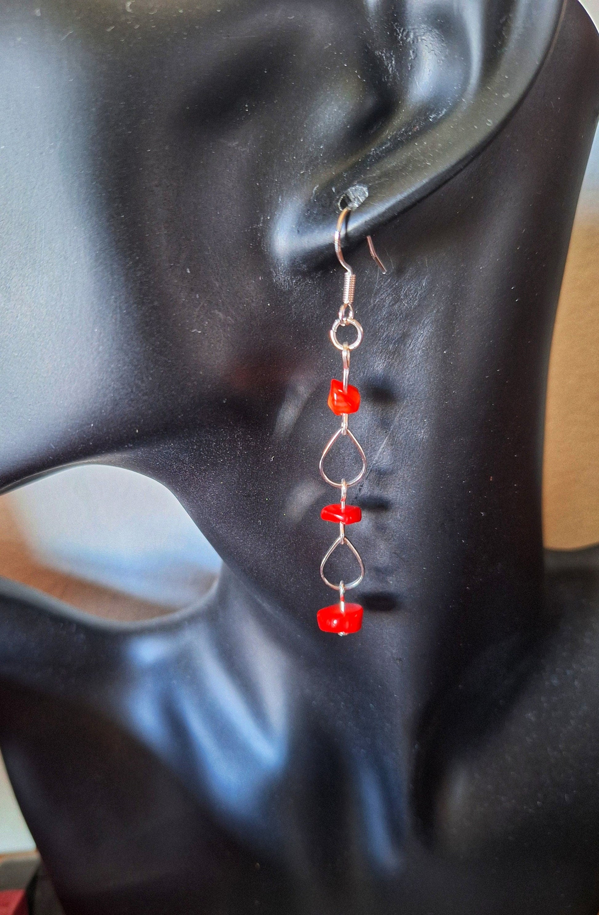 Salacia Coral Earrings with red coral and sterling silver wires.