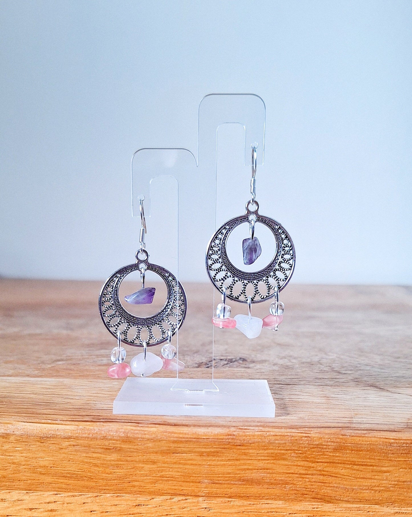 Eloise Chandelier Earrings crafted with amethyst, pink, and white quartz chips on sterling silver ear wires.