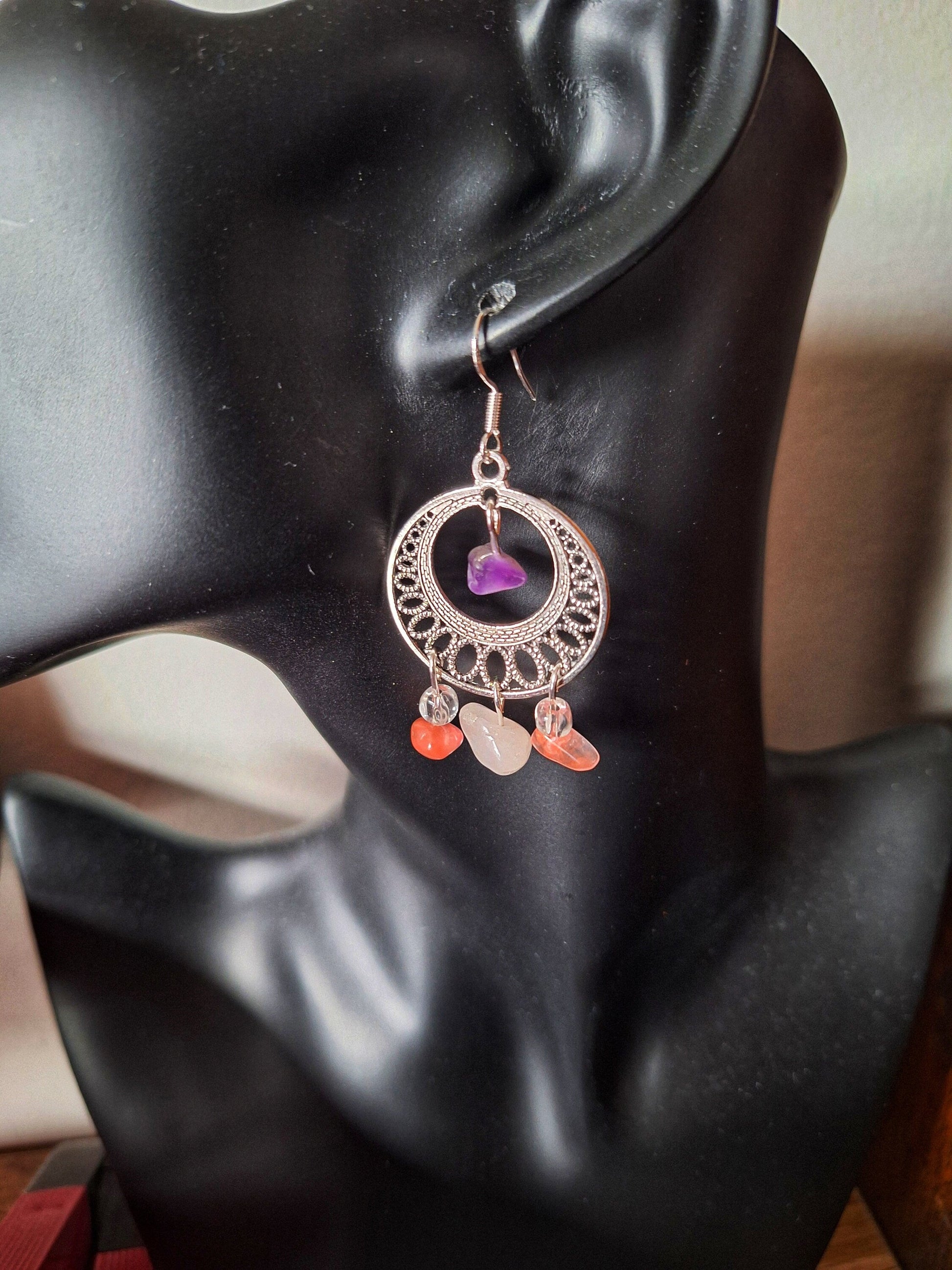 Eloise Chandelier Earrings with amethyst, pink, and white quartz chips on sterling silver ear wires.