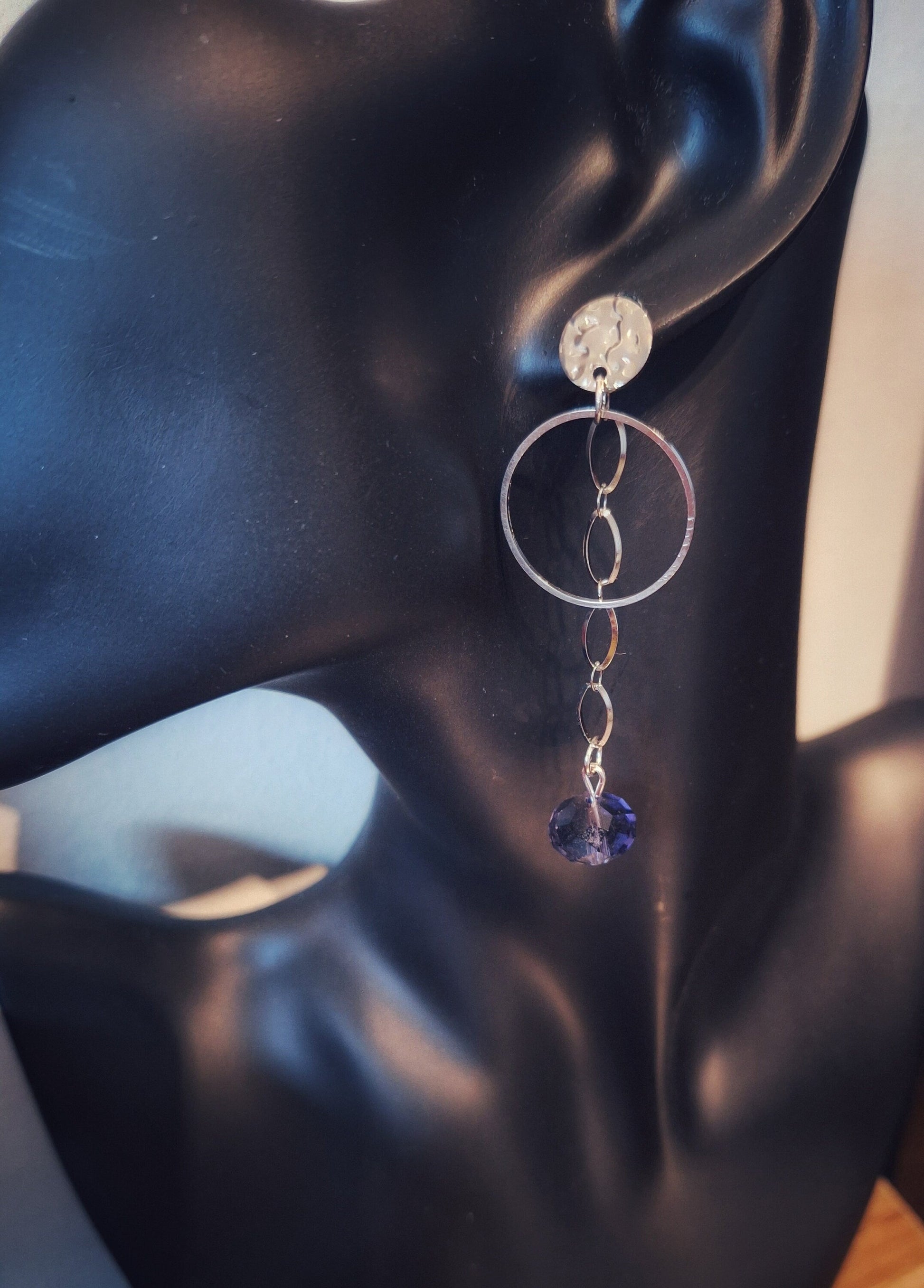 Alexis Purple Chain Drop Earrings with faceted glass beads and stainless steel discs.