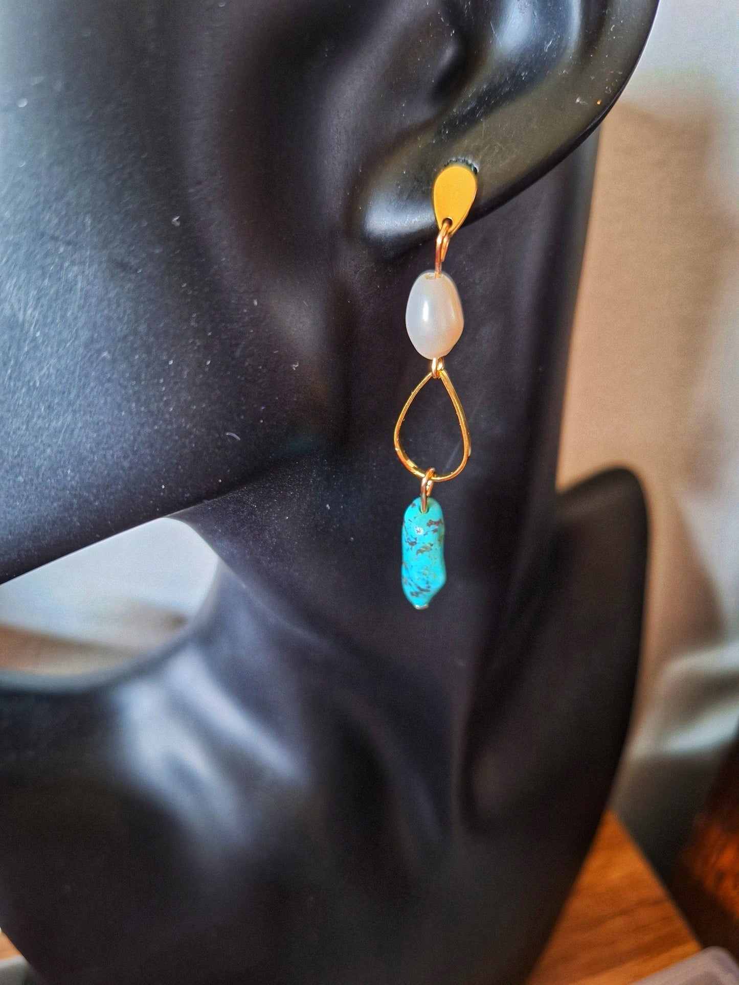 Lulu Pearl & Turquoise Drop Earrings with gold-plated studs displayed on mannequin.