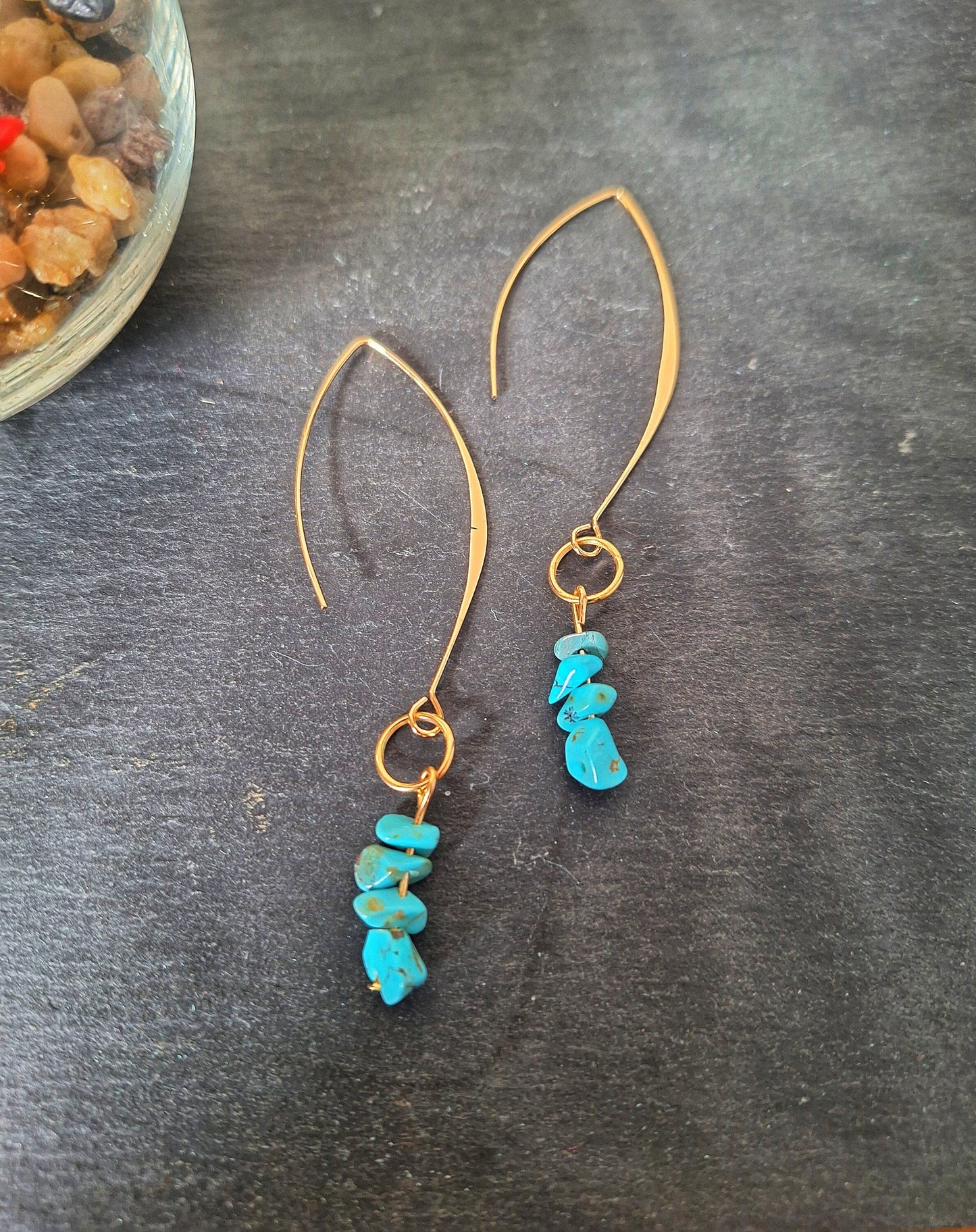 Camille Turquoise Drop Earrings with genuine turquoise chips on gold French hooks.