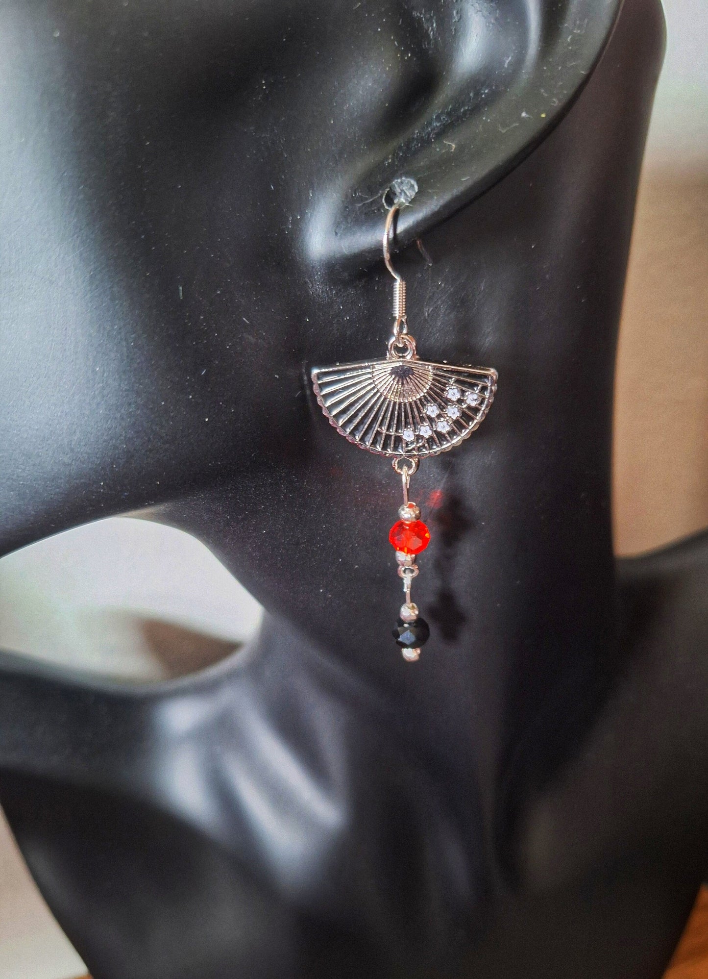 Fumika Fan Earrings with faceted glass beads and fan charms, gold-plated or sterling silver, 60mm length.