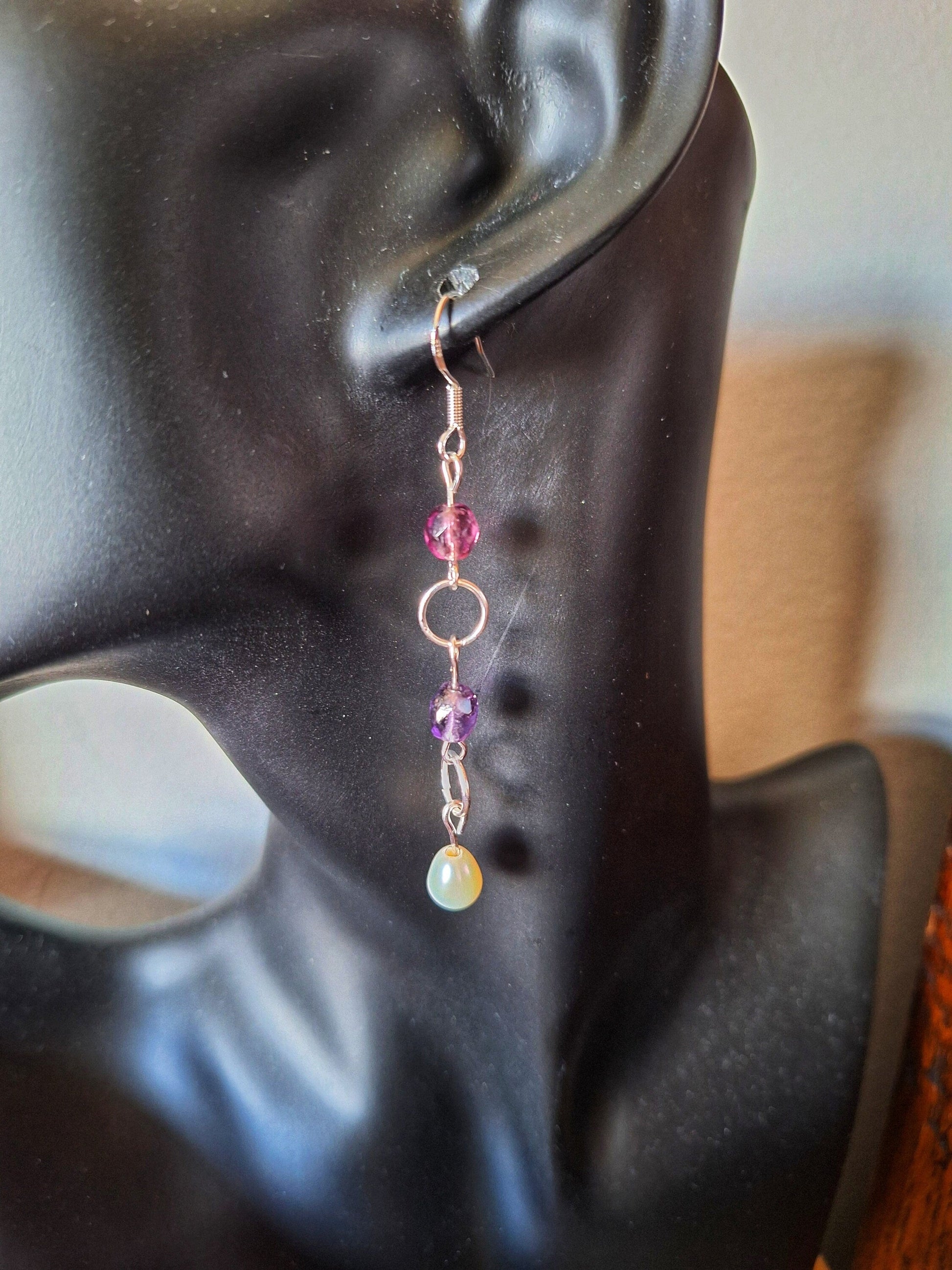 Olivia Pearl and Vintage Bead Earrings with sterling silver ear wires, featuring repurposed pearls and purple glass beads.