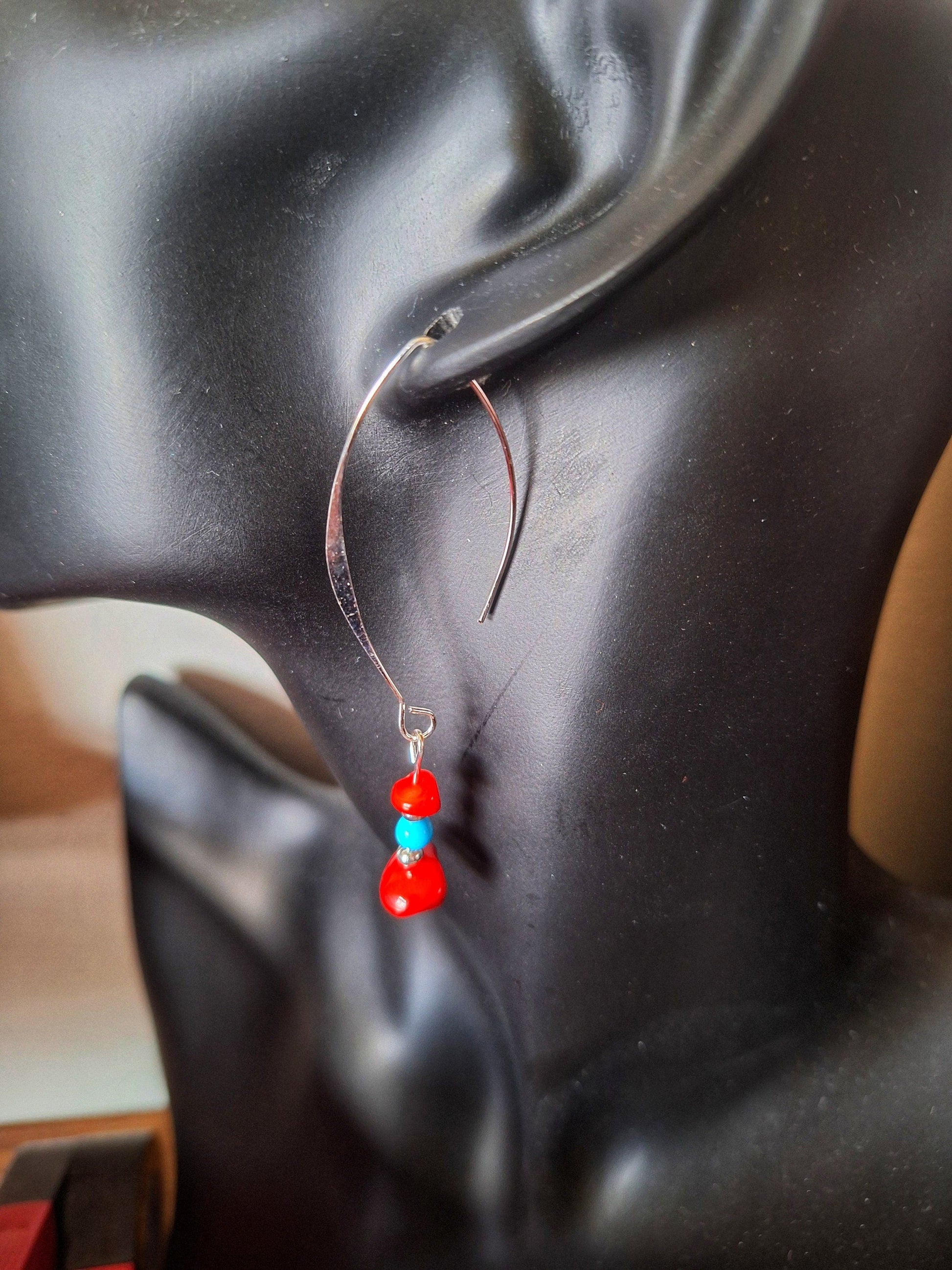 Kailani Coral Earrings with repurposed coral and turquoise beads on silver hooks.