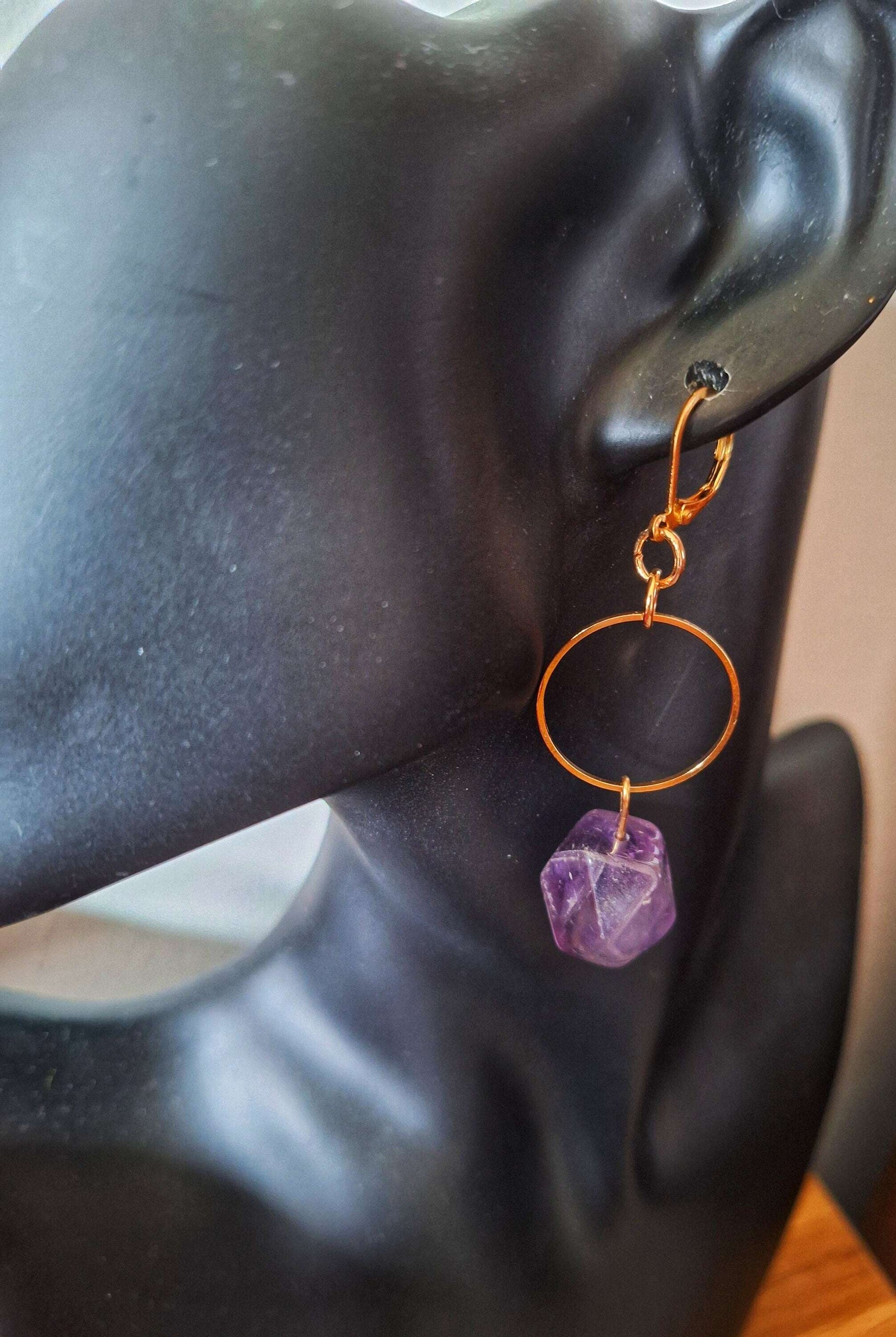 Florence Amethyst Earrings with raw amethyst and gold-plated lever back.